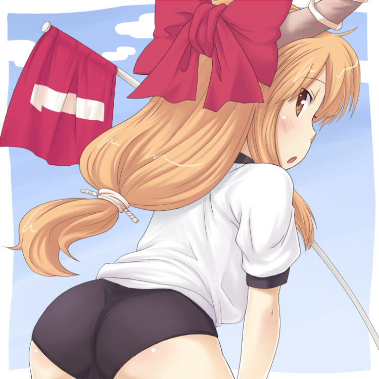 myonde, ibuki suika, touhou, light brown hair, 1girl, alternate costume, ass, blush, bow, brown eyes, buruma, cloud, cowboy shot, day, female focus, flag, from side, gym uniform, hair bow, horn ornament, horns, leaning forward, long hair, looking at viewer, looking back, low-tied long hair, numbered flag, open mouth, outdoors, profile, shirt, short sleeves, sidelocks, sky, solo, very long hair