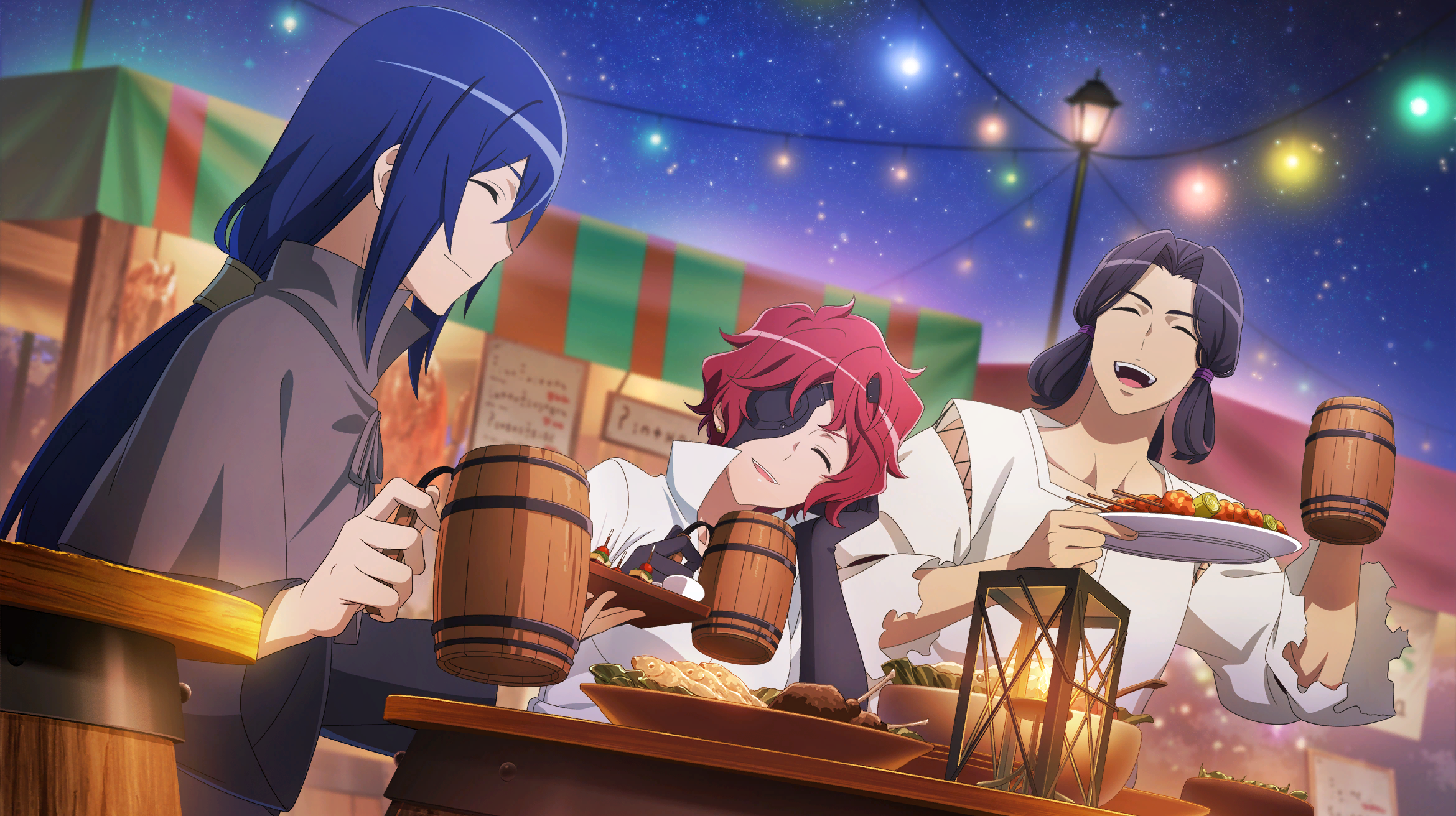 hephaistos (danmachi), miach, danmachi battle chronicle, dungeon ni deai wo motomeru no wa machigatteiru darou ka, game cg, highres, non-web source, official art, 1girl, 2boys, :d, anime coloring, black gloves, black hair, blue hair, bowl, capelet, chicken (food), chicken leg, closed eyes, cup, elbow gloves, eyepatch, fish (food), food, gloves, grey capelet, high collar, holding, holding cup, holding plate, lamppost, lantern, long hair, multiple boys, open mouth, parted lips, plate, red hair, shirt, sky, smile, star (sky), starry sky, takemikazuchi (danmachi), tankard, white shirt