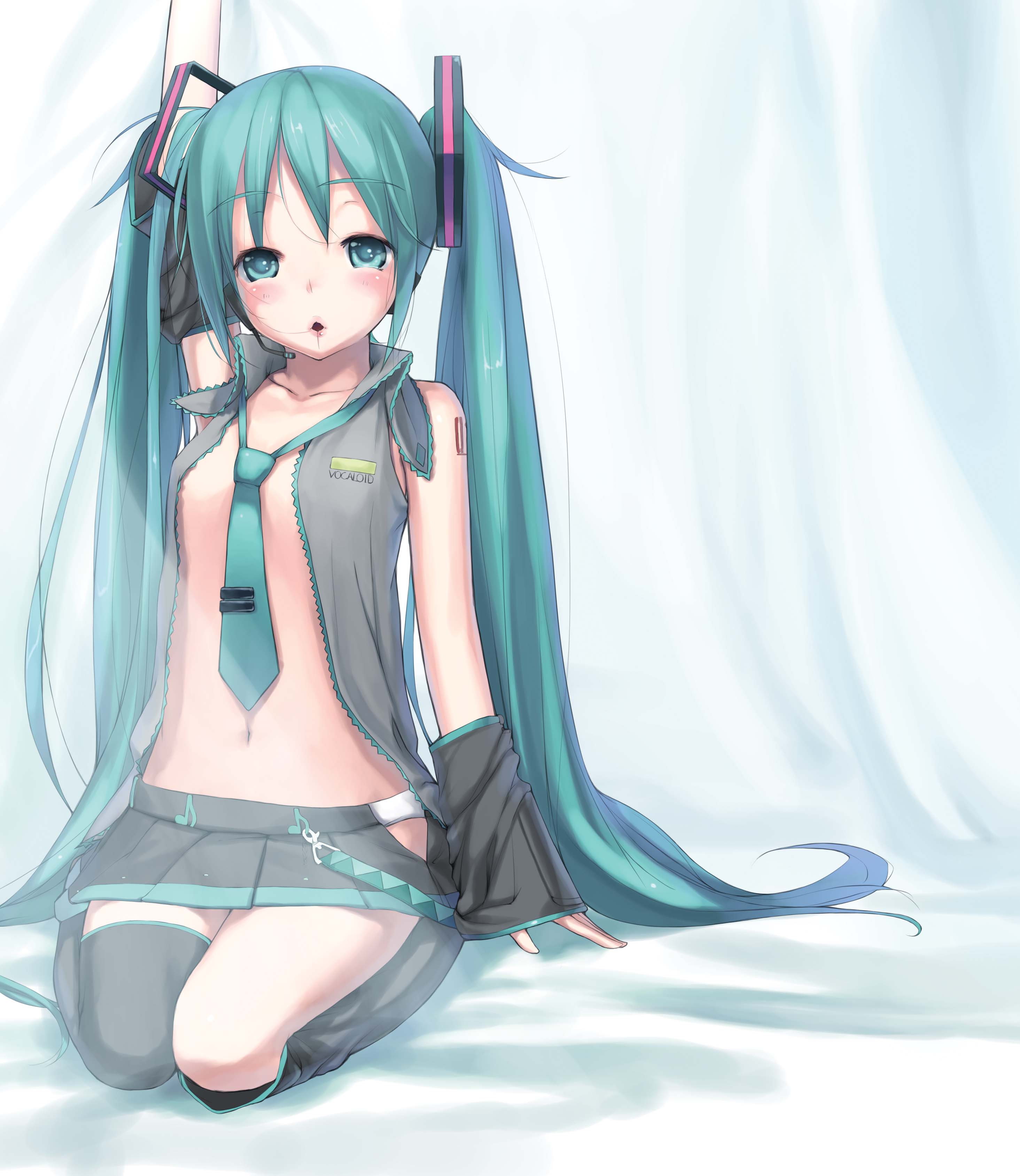 cior, hatsune miku, vocaloid, absurdres, highres, jpeg artifacts, 1girl, aqua eyes, aqua hair, detached sleeves, female focus, long hair, microphone, necktie, open clothes, open mouth, open shirt, seiza, shirt, sitting, solo, thighhighs, twintails, zettai ryouiki