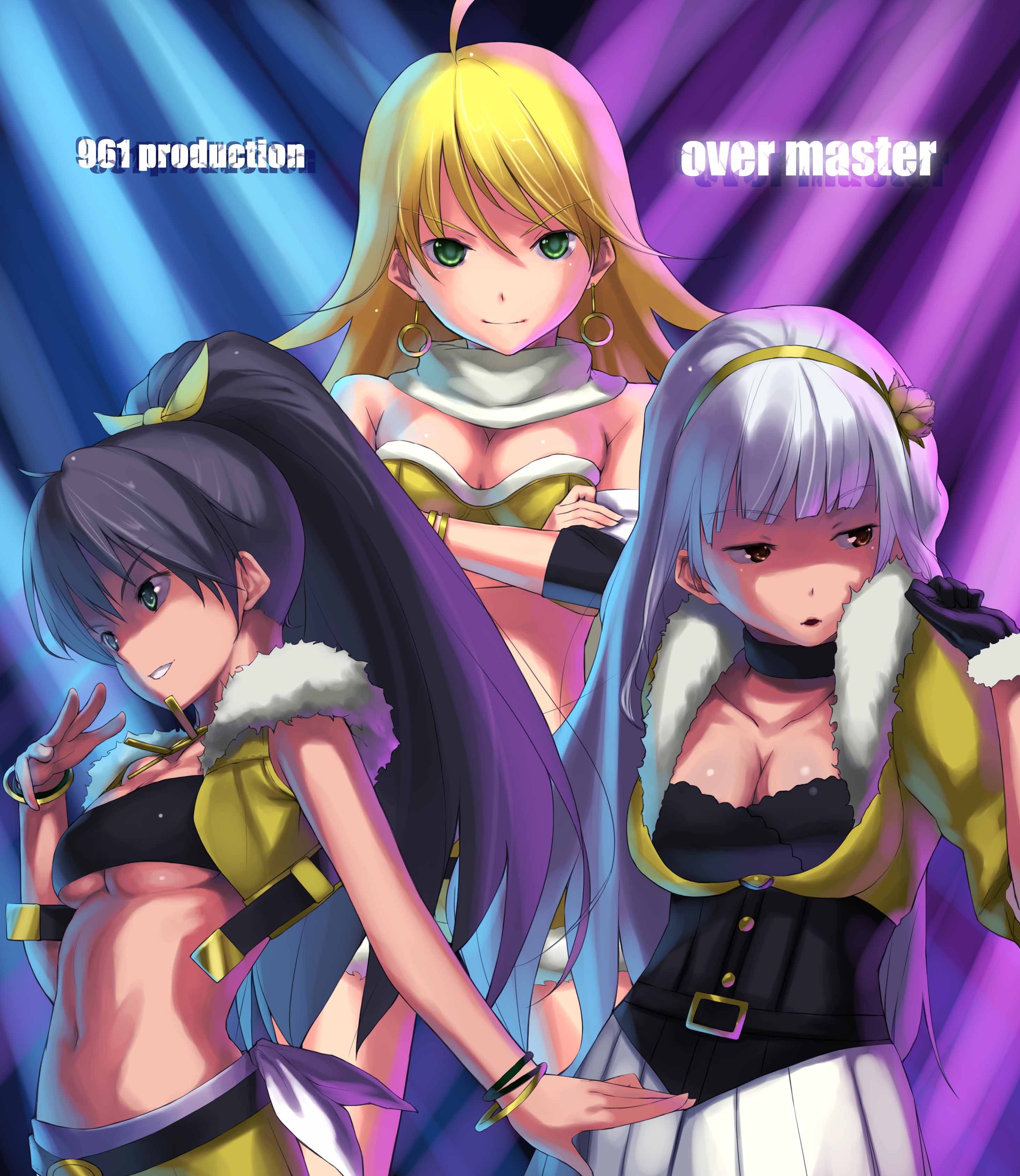 cior, 961 production, ganaha hibiki, hoshii miki, shijou takane, idolmaster, idolmaster (classic), idolmaster sp, absurdres, highres, 00s, 3girls, bandeau bikini, breasts, cleavage, earrings, hairband, jewelry, medium breasts, multiple girls, ponytail, underboob