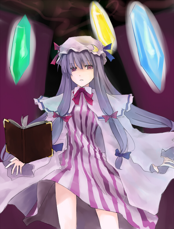 yozakura (artist), patchouli knowledge, touhou, striped, bad id, bad pixiv id, 1girl, blunt bangs, book, contrapposto, dress, female focus, glowing, hat, legs apart, long sleeves, looking at viewer, magic, mob cap, purple dress, purple hair, red eyes, solo, standing, vertical stripes