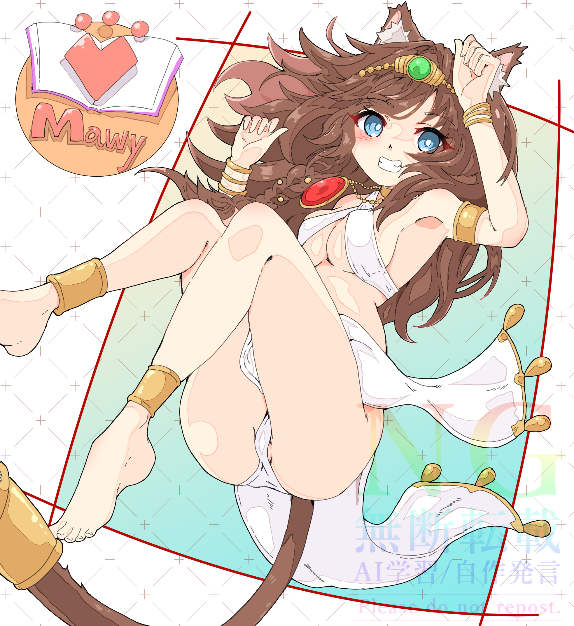onihime takun, original, commission, highres, skeb commission, ancient egyptian clothes, animal ear fluff, animal ears, anklet, aqua eyes, armlet, armpits, barefoot, book, bracelet, brown hair, cat ears, cat tail, character name, gold necklace, jewelry, long hair, magical girl, mewry (fuki nyan), necklace, open book, panties, pantyshot, pussy, pussy peek, smile, tail, underwear, white panties