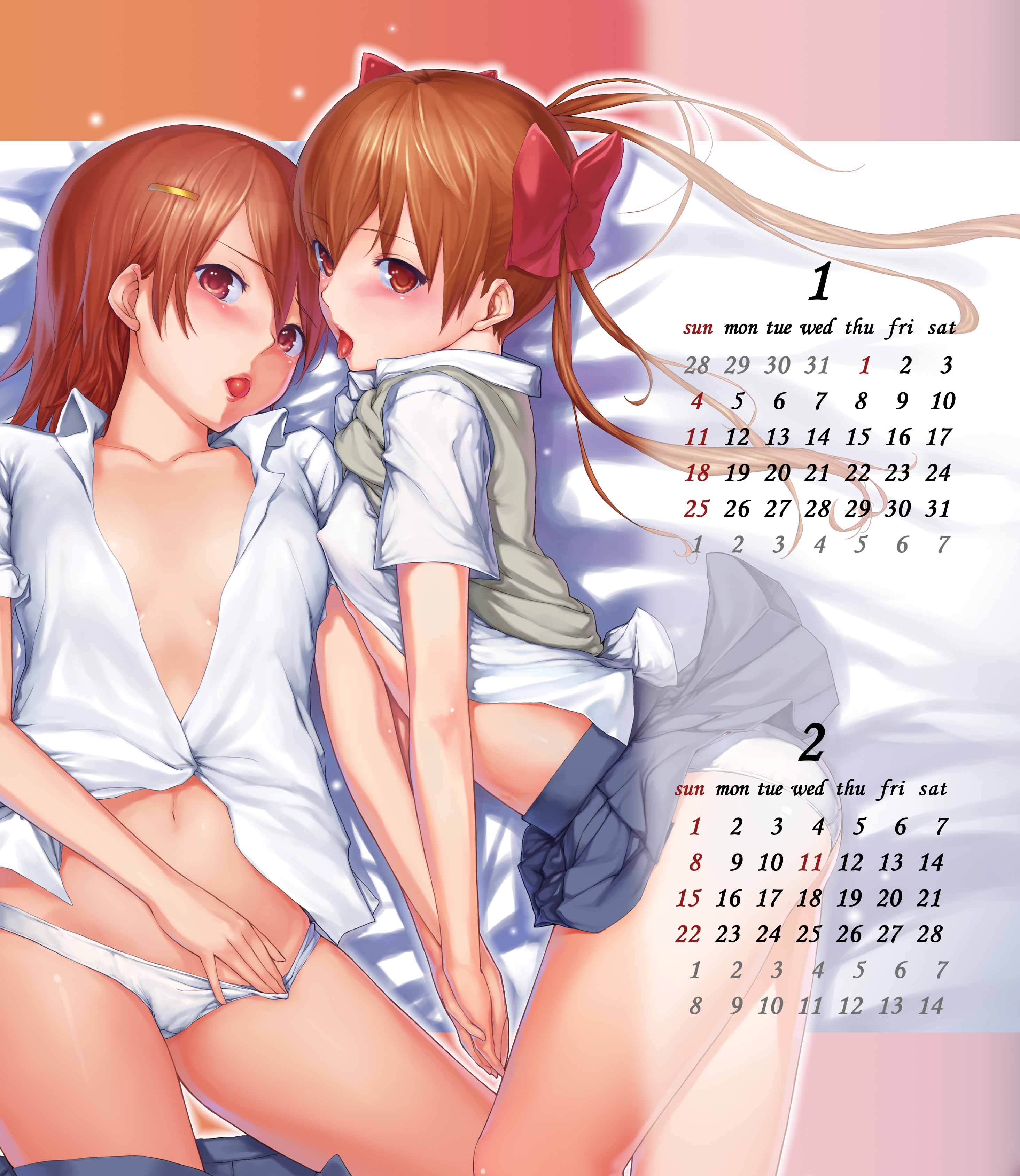 cior, misaka mikoto, shirai kuroko, toaru kagaku no railgun, toaru majutsu no index, absurdres, highres, 00s, 2girls, brown hair, calendar, multiple girls, panties, tongue, twintails, underwear, yuri