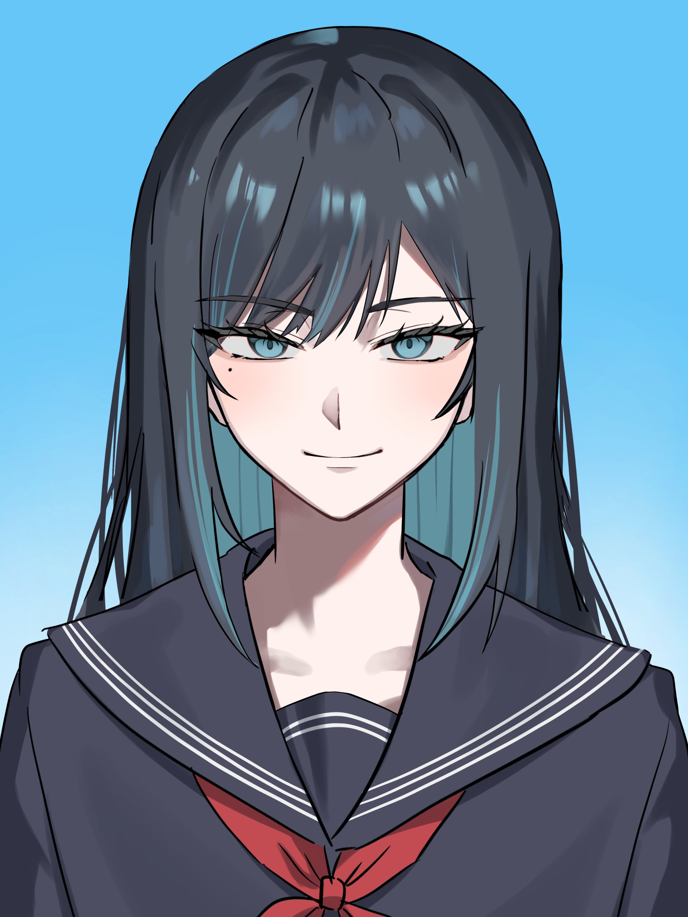 tsukuno tsuki, chando (ado), ado (utaite), absurdres, commentary request, highres, 1girl, black hair, black sailor collar, black shirt, blue background, blue eyes, blue hair, colored inner hair, long hair, looking at viewer, mole, mole under eye, multicolored hair, neckerchief, red neckerchief, sailor collar, school uniform, serafuku, shirt, solo, streaked hair, upper body, utaite