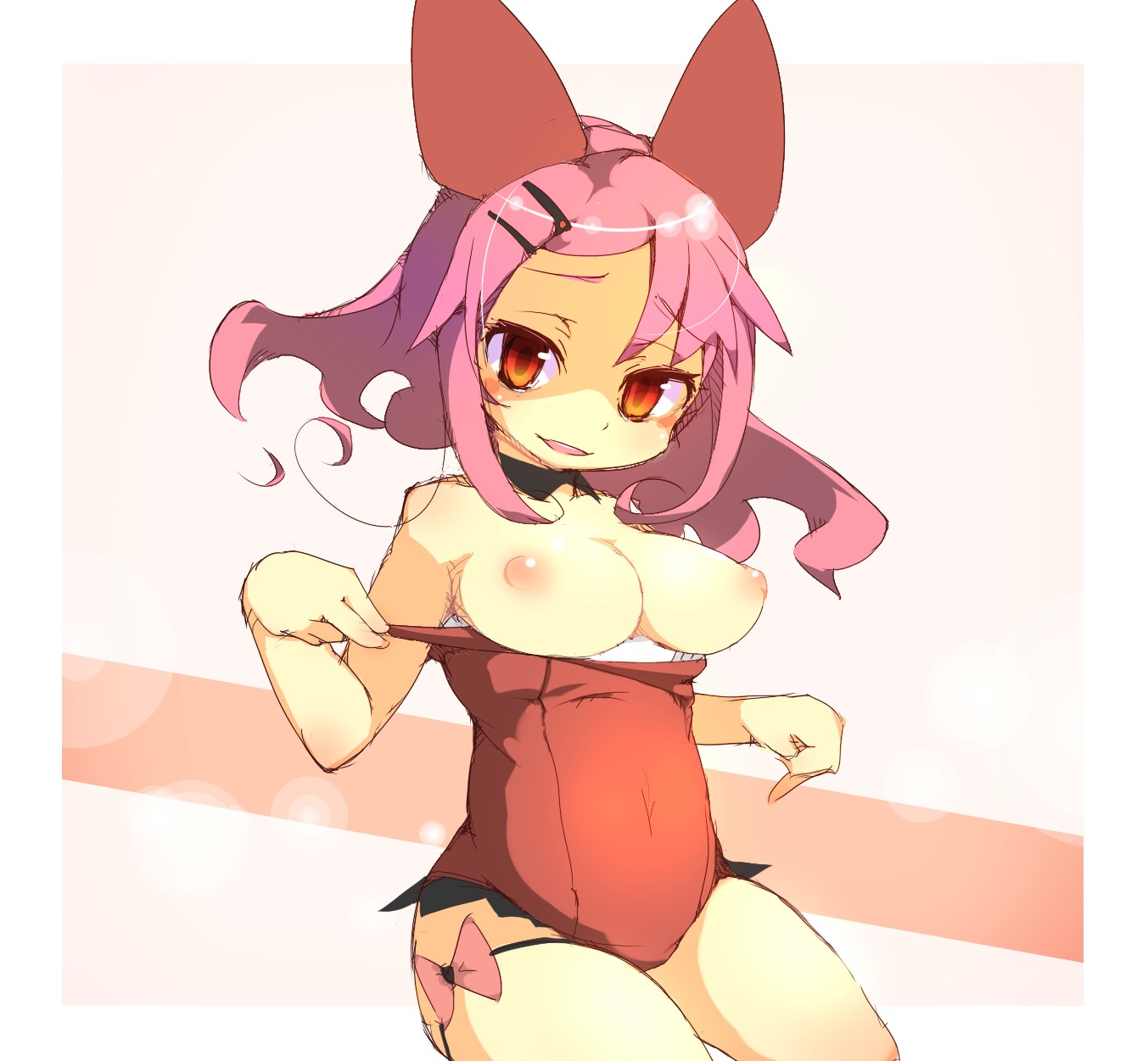 prnt, highres, 1girl, breasts, female focus, medium breasts, nipples, one-piece swimsuit, pink hair, solo, swimsuit, undressing