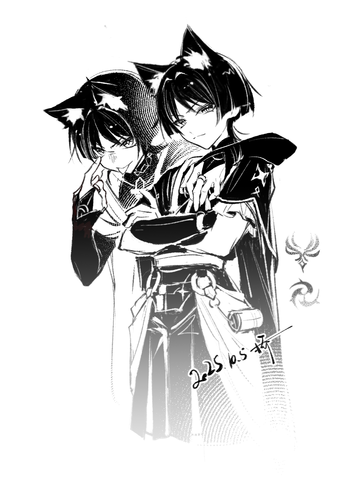 qiao2121, scaramouche (genshin impact), wanderer (genshin impact), genshin impact, highres, 2boys, :p, akanbe, anemo symbol (genshin impact), animal ear fluff, animal ears, arm around shoulder, armor, blunt ends, bodysuit, bridal gauntlets, cat boy, cat ears, covered collarbone, dated, dual persona, electro symbol (genshin impact), eyelid pull, finger to eye, frilled sleeves, frills, furisode, greyscale, hand on own arm, index finger raised, japanese armor, japanese clothes, kimono, kote, layered shorts, layered sleeves, looking at viewer, mandarin collar, middle ring, monochrome, multiple boys, o-ring, sash, short sleeves, shorts, shoulder peek, slit pupils, smile, split mouth, tongue, tongue out, tsurime, white background, wispy bangs