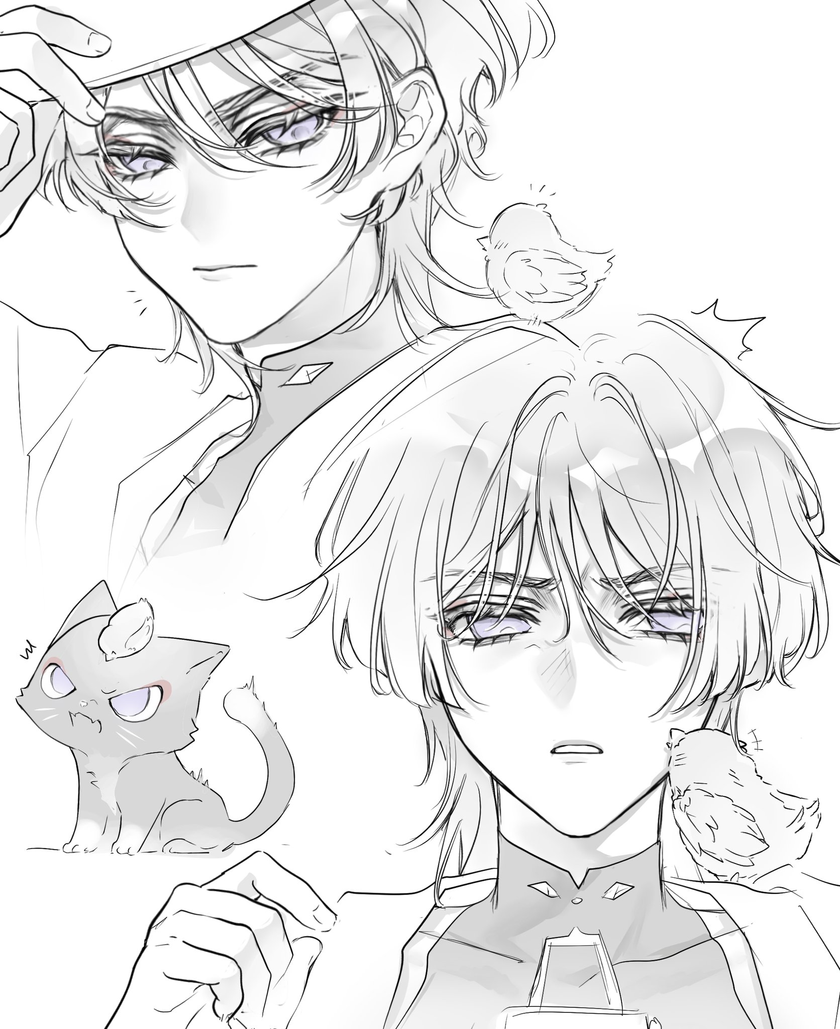 scaramouche (cat) (genshin impact), scaramouche (genshin impact), wanderer (genshin impact), genshin impact, highres, 1boy, animal, animal on shoulder, animalization, bird, bird on shoulder, bishounen, blunt ends, bodysuit, choppy bangs, closed mouth, covered collarbone, curled fingers, eyelashes, eyeliner, eyeshadow, fingernails, greyscale, hacwss, hair intakes, hand up, hat, japanese clothes, kimono, looking at animal, makeup, male focus, mandarin collar, monochrome, multiple views, notice lines, parted lips, person and animalization, purple eyes, red eyeliner, red eyeshadow, shoulder peek, solo, spot color, tsurime