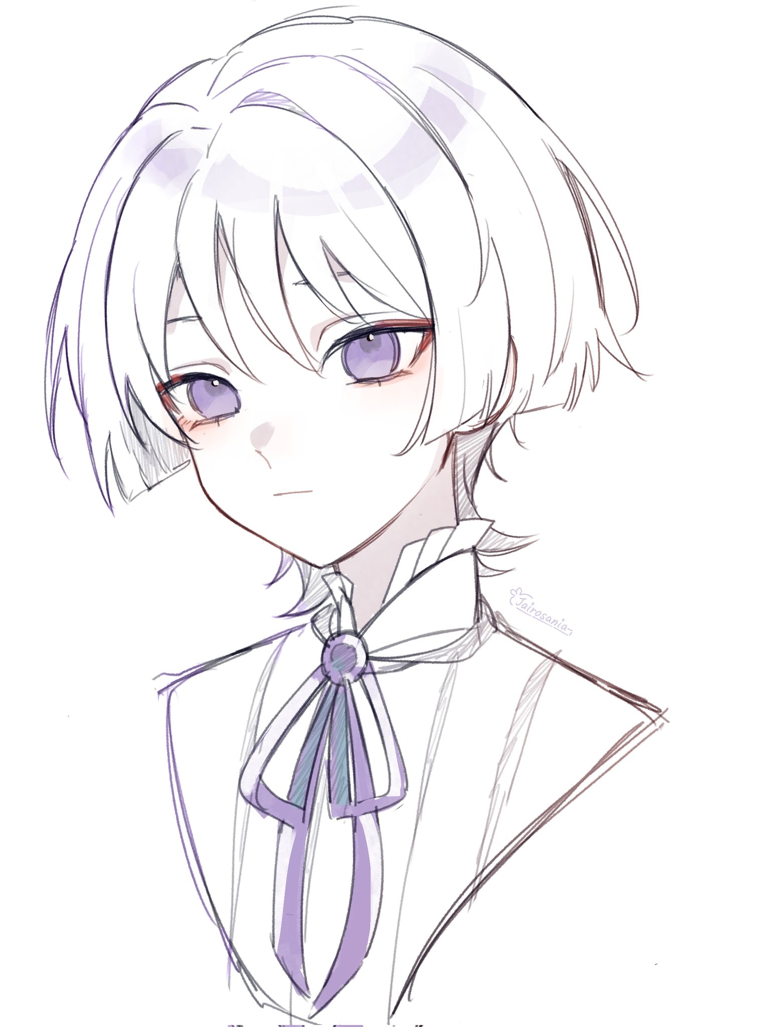 jairosan, scaramouche (genshin impact), genshin impact, highres, 1boy, alternate costume, artist name, blunt ends, closed mouth, collar, contemporary, cropped torso, expressionless, eyelashes, eyeliner, eyeshadow, formal clothes, limited palette, looking at viewer, makeup, male focus, neck ribbon, purple eyes, purple ribbon, red eyeliner, red eyeshadow, ribbon, solo, white background, white collar, wispy bangs