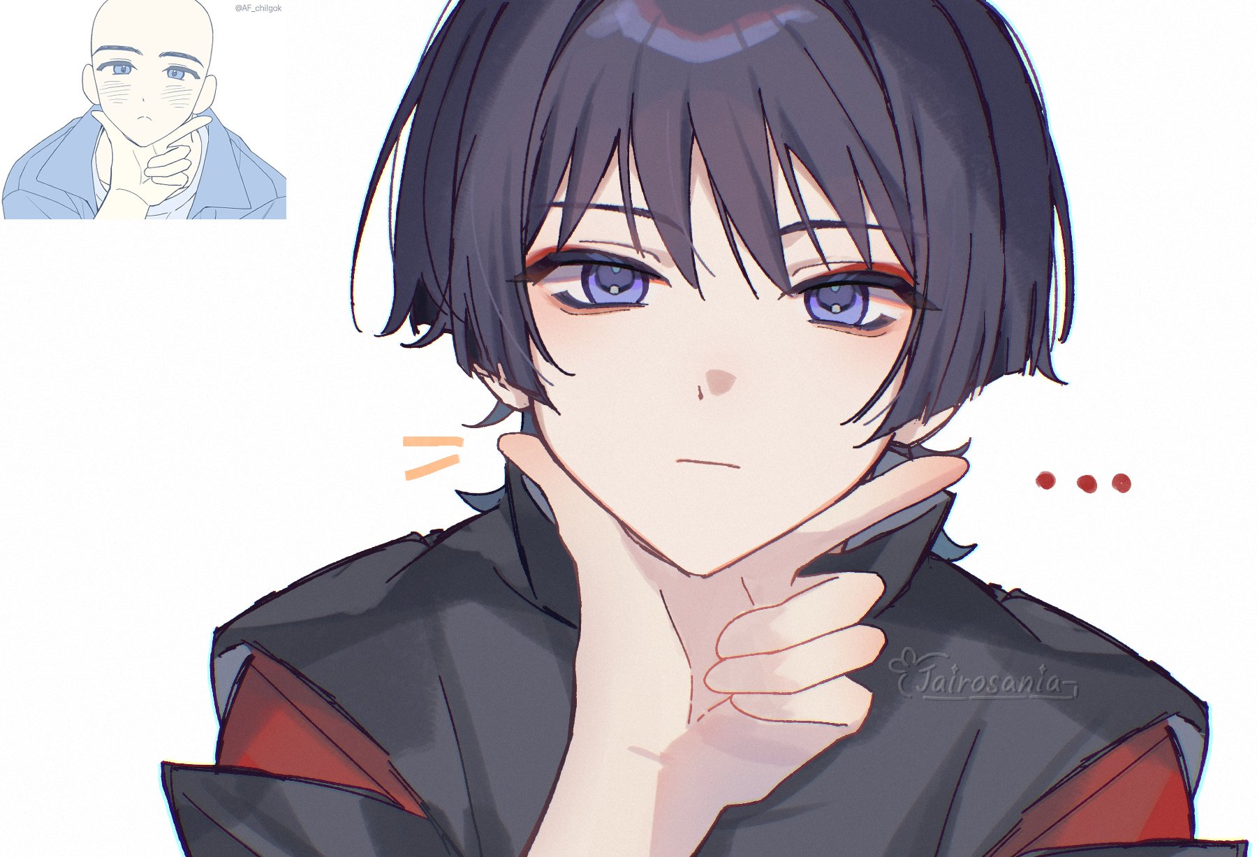jairosan, kuronushi (genshin impact), scaramouche (genshin impact), genshin impact, highres, 1boy, artist name, black hair, black sleeves, blunt ends, closed mouth, clothing cutout, expressionless, eyeliner, eyeshadow, hand on another's chin, japanese clothes, kariginu, l hand, layered sleeves, looking at viewer, makeup, male focus, pov, pov hands, purple eyes, red eyeliner, red eyeshadow, red sleeves, reference inset, shoulder cutout, solo, straight-on, tsurime, white background, wispy bangs