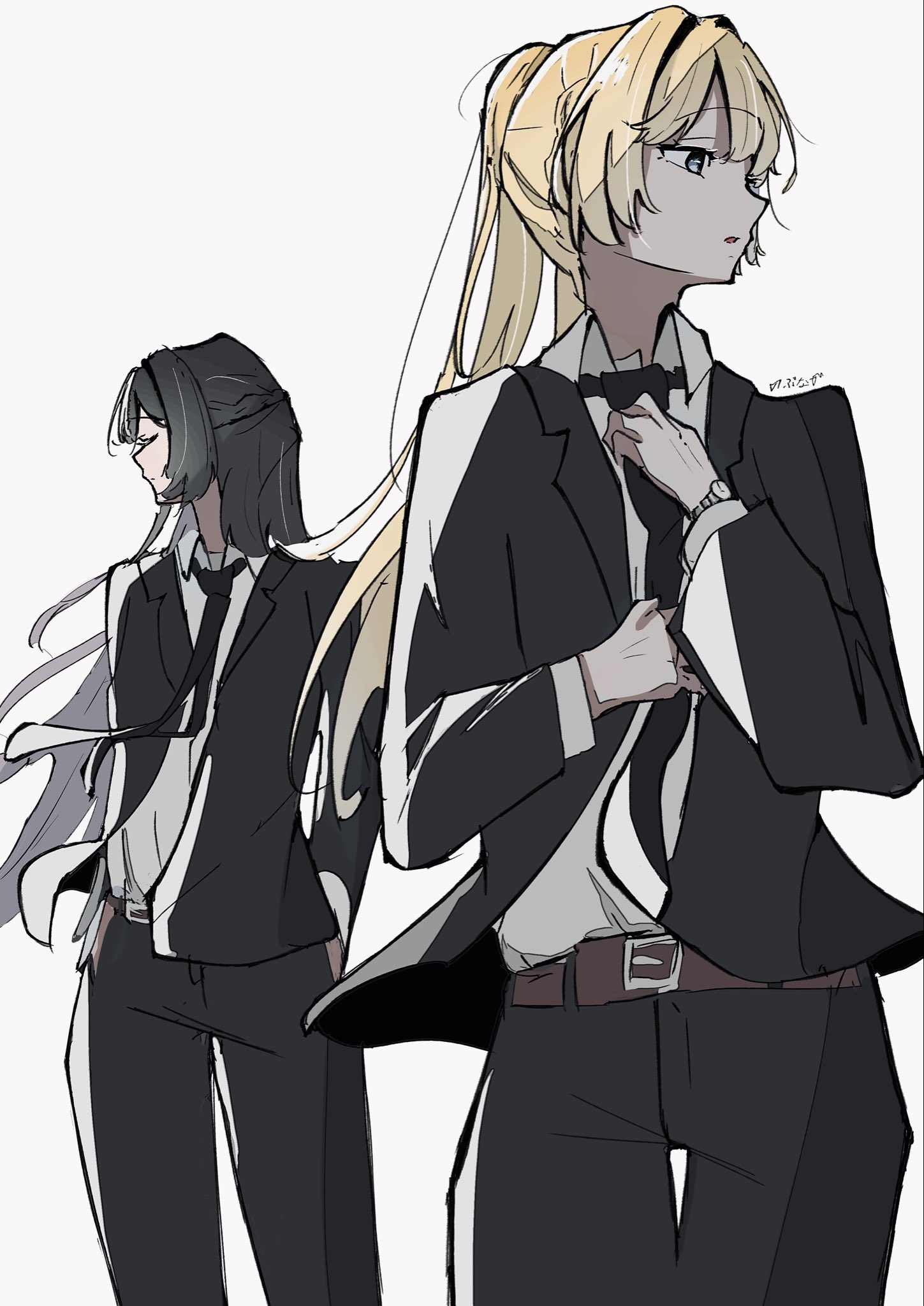 koto satsuki, ouzuka mai, watashi ga koibito ni nareru wake naijan murimuri!, commentary, highres, 2girls, black hair, black jacket, black necktie, black pants, blonde hair, half updo, jacket, long hair, multiple girls, necktie, nobunaga (nbng g), pants, ponytail, romaji commentary, simple background, watch, white background, wristwatch