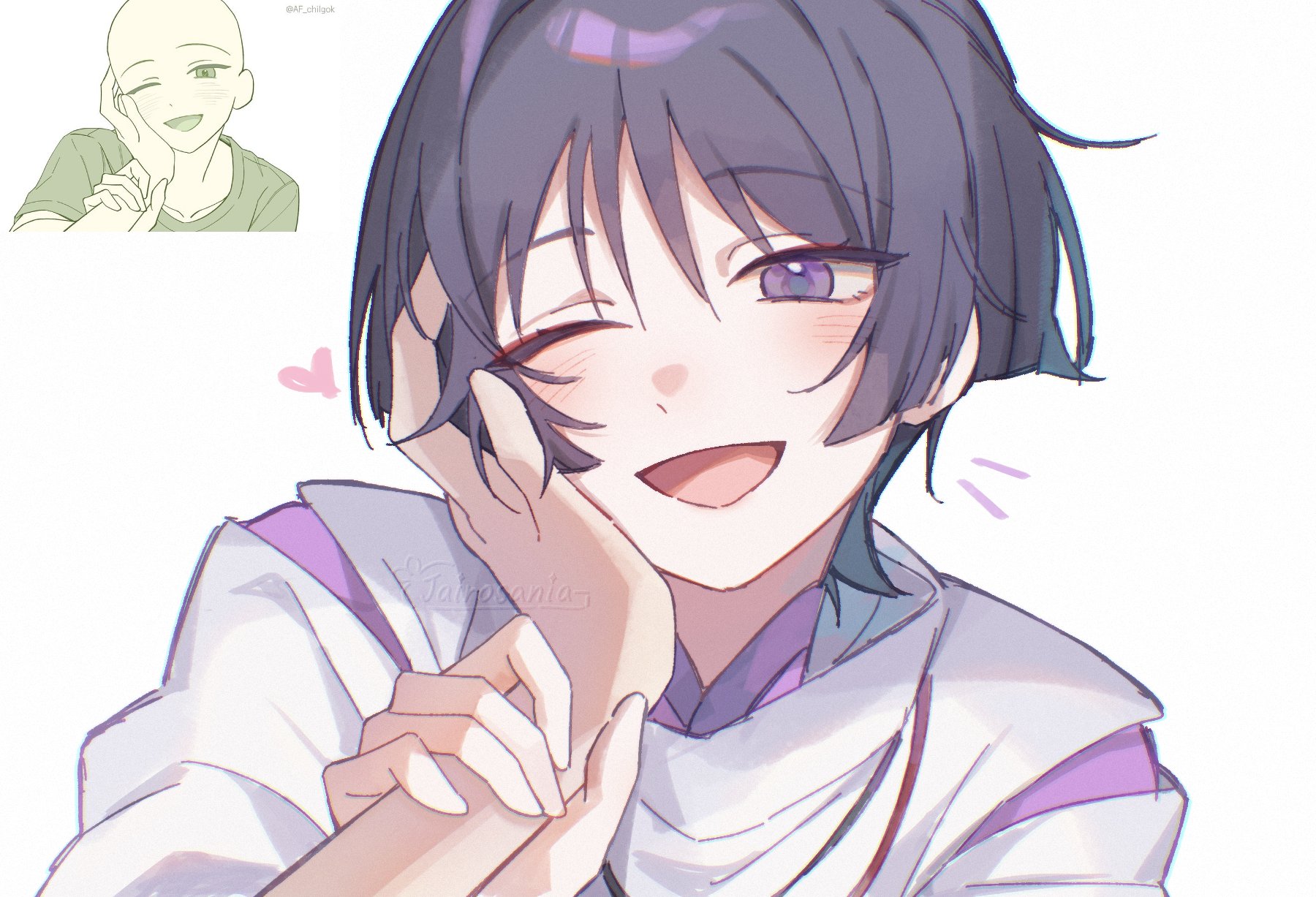 jairosan, scaramouche (genshin impact), scaramouche (kabukimono) (genshin impact), genshin impact, highres, 1boy, blunt ends, blush, eyelashes, eyeliner, eyeshadow, hand on another's face, heart, holding another's arm, japanese clothes, kariginu, kimono, layered sleeves, looking at viewer, makeup, male focus, mandarin collar, multicolored hair, notice lines, one eye closed, open mouth, pov, pov hands, purple eyes, purple hair, purple kimono, purple sleeves, red eyeliner, red eyeshadow, reference inset, solo, streaked hair, string, white background, white sleeves, wispy bangs