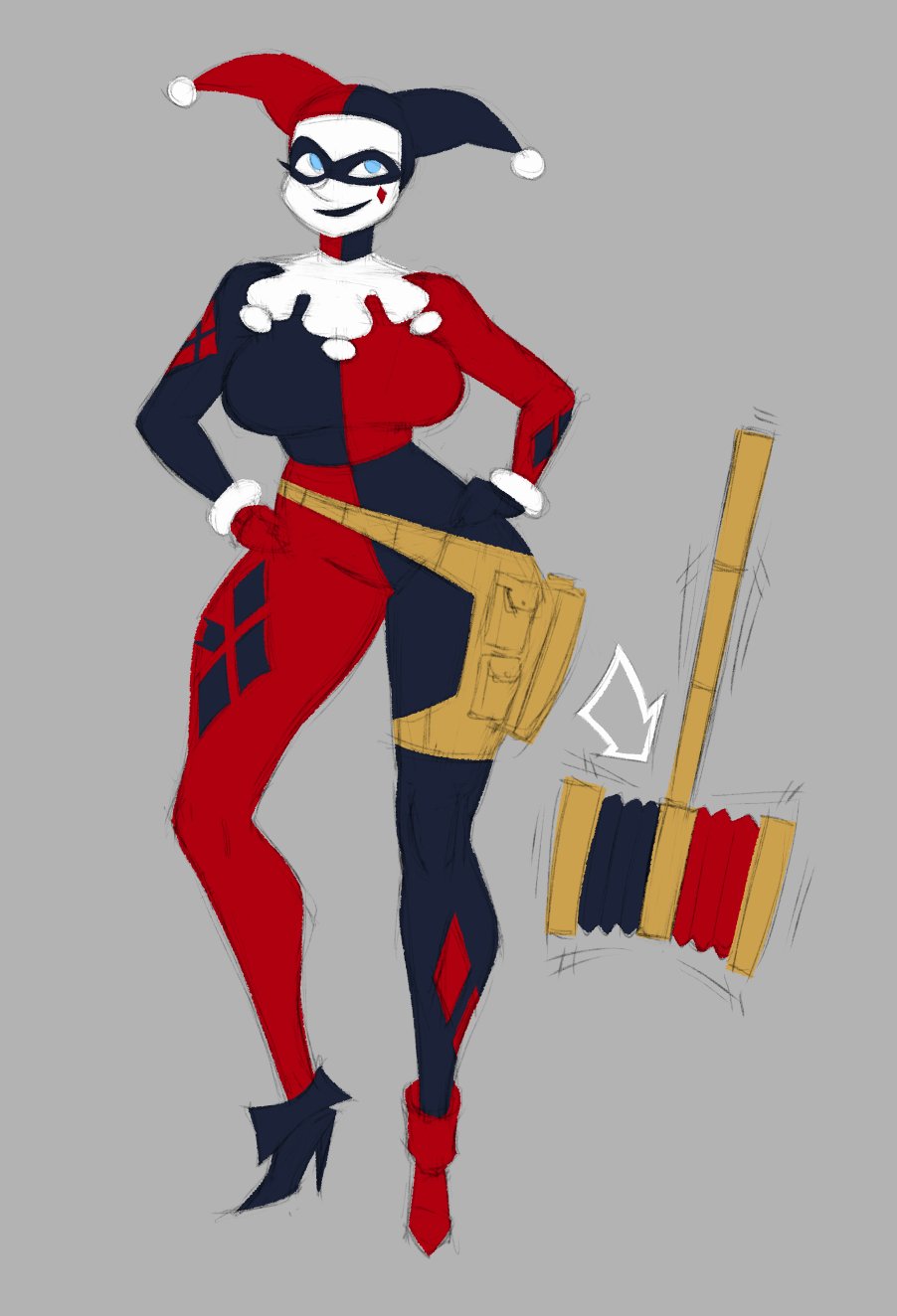captainmolasses, harley quinn (classic), batman: the animated series, batman (series), dc comics, commentary, english commentary, highres, 1girl, black bodysuit, black lips, blue eyes, bodysuit, breasts, domino mask, full body, gloves, hammer, hands on own hips, harlequin, hat, jester, jester cap, jester costume, large breasts, looking up, makeup, mask, multicolored bodysuit, multicolored jumpsuit, red bodysuit, simple background, smile, solo, thick thighs, thigh strap, thighs, two-tone bodysuit, two-tone hat, weapon, white facepaint, wide hips