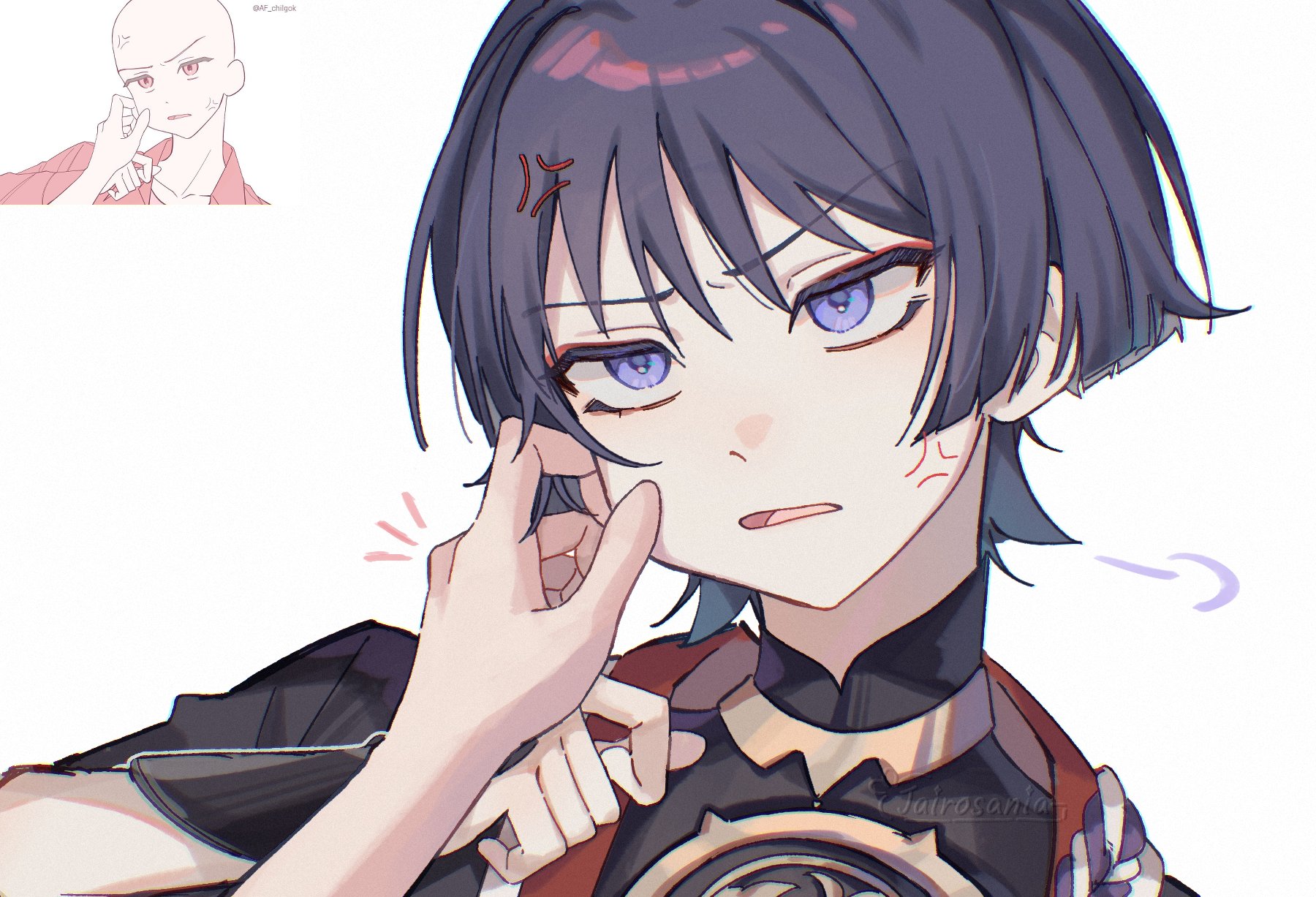 jairosan, scaramouche (genshin impact), genshin impact, highres, 1boy, anger vein, annoyed, armor, artist name, black bodysuit, black hair, black kimono, black sleeves, blunt ends, bodysuit, cheek pinching, colored inner hair, eyeliner, eyeshadow, gold, grey hair, hand up, japanese armor, japanese clothes, jewelry, kimono, kote, kurokote, looking at viewer, makeup, male focus, mandarin collar, multicolored hair, neck ring, notice lines, open mouth, pinching, pov, pov hands, puff of air, purple eyes, purple rope, red eyeliner, red eyeshadow, red hair, reference inset, rope, shimenawa, short sleeves, solo, streaked hair, tsurime, white background, white rope, wispy bangs