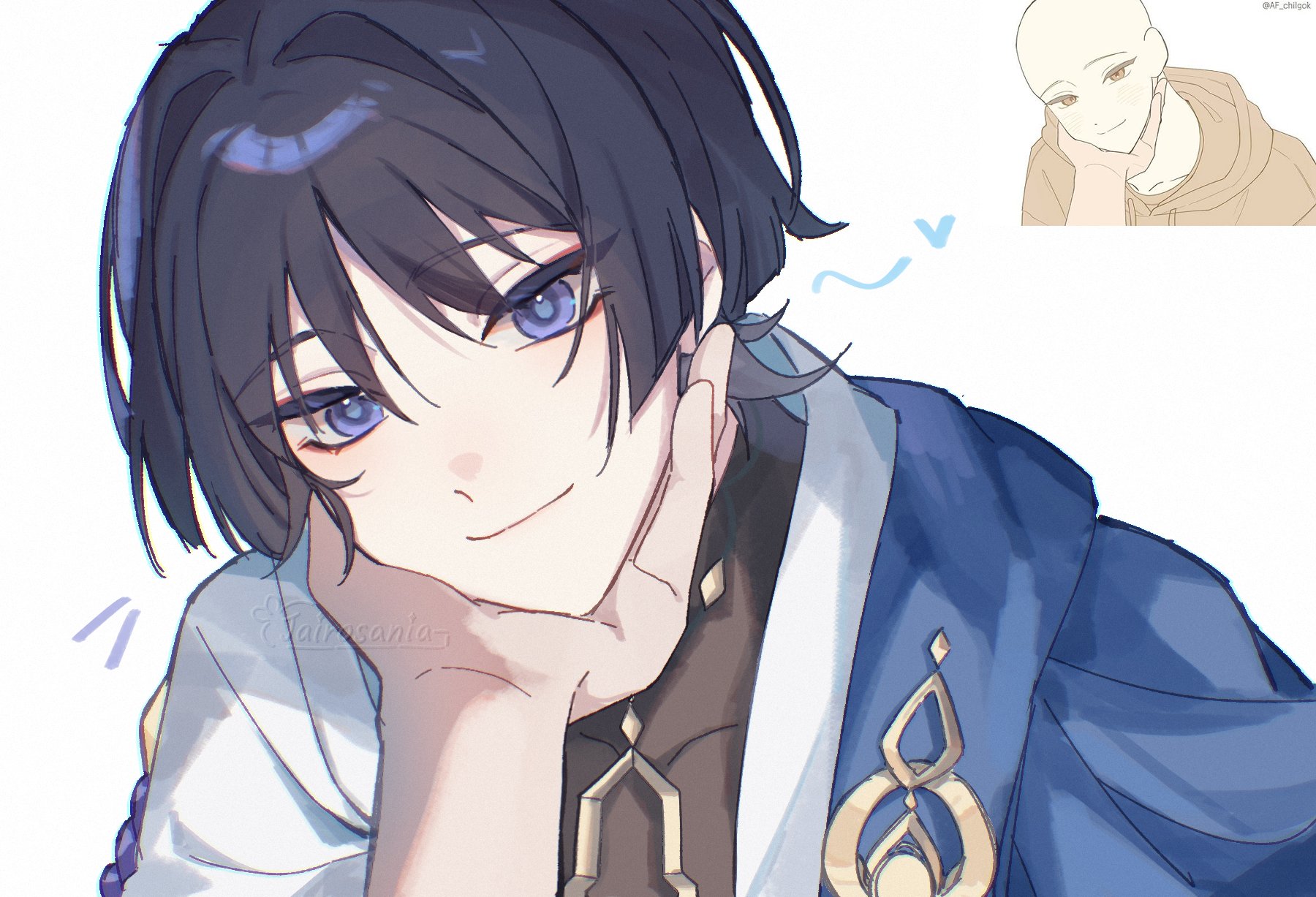 jairosan, scaramouche (genshin impact), wanderer (genshin impact), genshin impact, highres, 1boy, artist name, black bodysuit, black hair, blue cape, blue hair, blunt ends, bodysuit, cape, closed mouth, covered collarbone, eyelashes, eyeliner, eyeshadow, gem, gold, hair intakes, hand on another's chin, head on hand, head tilt, heart, japanese clothes, kimono, leaning to the side, makeup, male focus, multicolored hair, notice lines, open clothes, open hand, open kimono, pov, pov hands, purple eyes, purple rope, red eyeliner, red eyeshadow, reference inset, rope, short sleeves, smile, solo, streaked hair, tsurime, vision (genshin impact), white background, white kimono, white sleeves, wispy bangs, yellow gemstone