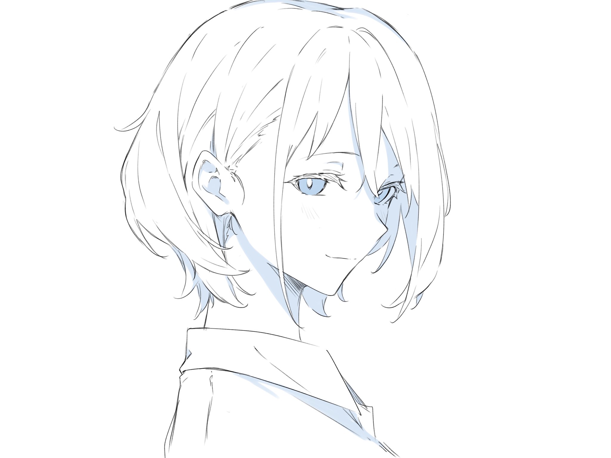 kanade (kanade 3344), original, highres, 1girl, blue eyes, closed mouth, monochrome, portrait, short hair, simple background, solo, spot color, white background, yahazu tobira