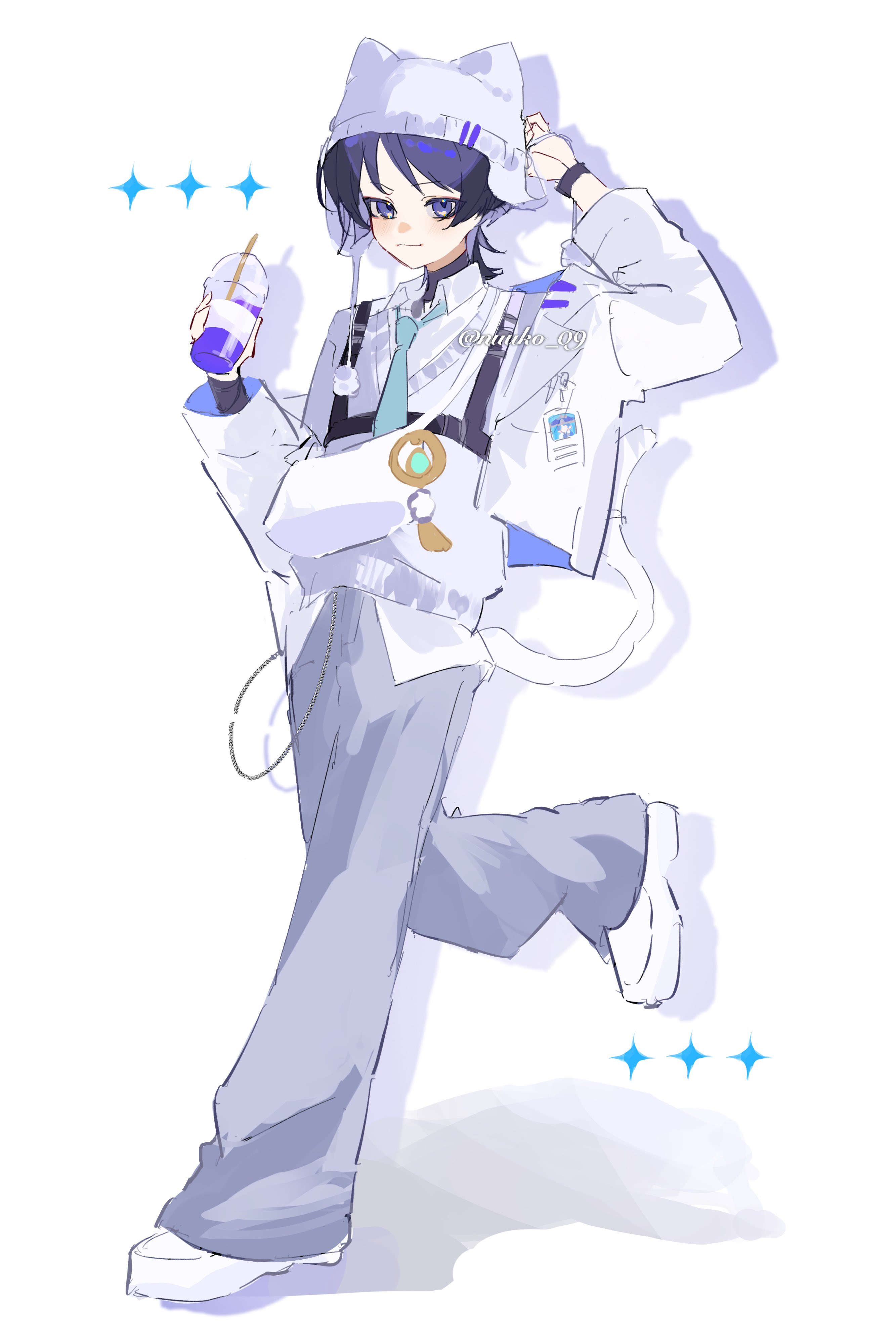 nuuko 09, scaramouche (genshin impact), wanderer (genshin impact), genshin impact, absurdres, highres, 1boy, alternate costume, animal ear headwear, aqua gemstone, aqua necktie, baggy pants, beanie, black hair, black shirt, blue sleeves, blunt ends, blush, cat boy, cat tail, chain, chest harness, closed mouth, collared shirt, contemporary, cropped jacket, cup, disposable cup, drinking straw, drop shadow, earflap beanie, eyeliner, eyeshadow, fake animal ears, feathers, foot up, formal clothes, full body, gem, grey pants, hands up, harness, hat, holding, holding cup, id card, jacket, lapels, long sleeves, looking at viewer, makeup, male focus, multicolored hair, necktie, open clothes, open jacket, pants, pom pom (clothes), purple eyes, purple hair, red eyeliner, red eyeshadow, shirt, shoes, sketch, smile, solo, streaked hair, sweater, tail, turtleneck, turtleneck shirt, twitter username, two-sided sleeves, undershirt, vision (genshin impact), white background, white hat, white jacket, white shirt, white shoes, white sleeves, white sweater, wristband, yellow feathers
