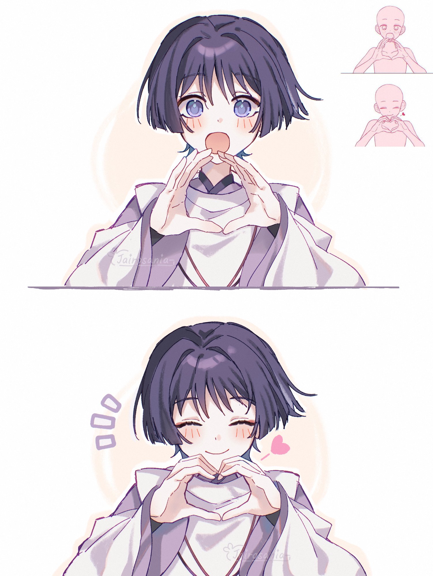 jairosan, scaramouche (genshin impact), scaramouche (kabukimono) (genshin impact), genshin impact, highres, 1boy, armor, artist name, blunt ends, blush, closed eyes, closed mouth, hair intakes, hands up, heart, heart hands, japanese armor, japanese clothes, kimono, kote, kurokote, layered sleeves, long sleeves, looking at viewer, male focus, mandarin collar, notice lines, open mouth, portrait, purple eyes, purple kimono, purple sleeves, reference inset, sequential, smile, solo, split screen, straight-on, string, tareme, white background, white sleeves, wide-eyed, wide sleeves, wispy bangs