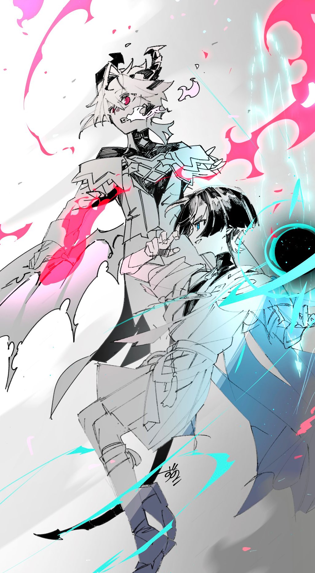 saba 77, mini durin (genshin impact), mini durin (human) (genshin impact), scaramouche (genshin impact), wanderer (genshin impact), genshin impact, highres, 2boys, aqua halo, arm at side, armor, artistic error, blue eyes, blunt ends, bodysuit, breath weapon, breathing fire, cape, chest jewel, cleavage cutout, clenched teeth, clothing cutout, coattails, collar, curled fingers, dragon boy, dragon horns, dragon tail, dragon wings, feathers, fingernails, fire, furisode, gem, gloves, grey background, hakama, hakama shorts, halo, halo behind head, hand up, hands up, heart-shaped gem, hip vent, horns, japanese armor, japanese clothes, kimono, kote, leg warmers, limited palette, long sleeves, looking to the side, mandarin collar, multiple boys, open clothes, open hand, open kimono, pink wings, pleated shorts, pom pom (clothes), red eyes, short sleeves, shorts, shoulder peek, sideways mouth, single hair intake, slit pupils, tail, tassel, teeth, turtleneck, turtleneck bodysuit, vision (genshin impact), vortex, wind, wings