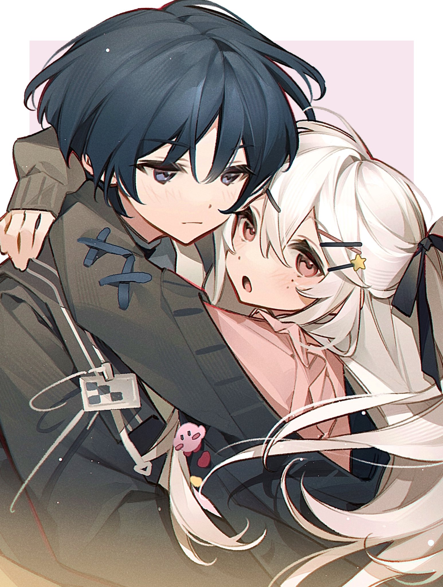 kirby, scaramouche (genshin impact), genshin impact, kirby (series), nintendo, original, artist request, commission, highres, second-party source, 1boy, 1girl, alternate costume, arms around neck, black bow, black hair, black jacket, black sleeves, blunt ends, blush, border, bow, casual, character pin, closed mouth, commissioner insert, contemporary, couple, cross-laced clothes, cross-laced sleeves, crossed bangs, eyelashes, hair between eyes, hair bow, hair ornament, hairclip, half-closed eyes, hayami momo (hayamimomo), height difference, hetero, hug, jacket, long hair, long sleeves, looking at another, mole, mole under eye, oc x canon, one side up, open mouth, pink background, pink eyes, pink shirt, purple eyes, shirt, sleeves past wrists, star (symbol), star hair ornament, tareme, undershirt, white border, white hair, white shirt