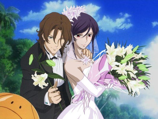 lockon stratos, tieria erde, gundam, gundam 00, 00s, 2boys, androgynous, bride, brown hair, crossdressing, crossdressing (mtf), dress, flower, lily (flower), male bride, male focus, multiple boys, purple hair, red eyes, trap, wedding, wedding dress, yaoi