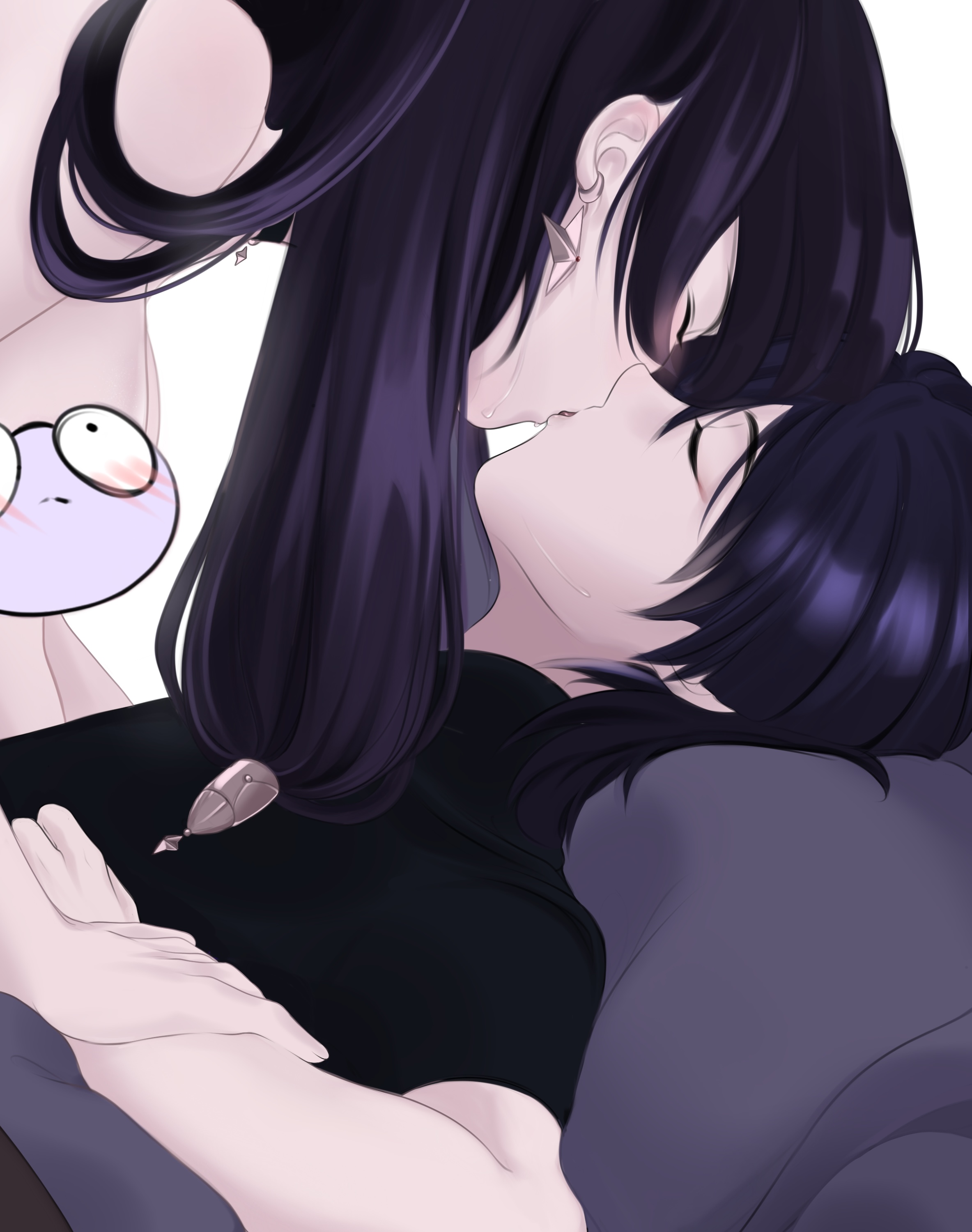 byyou all, mona (genshin impact), scaramouche (genshin impact), genshin impact, foreplay, absurdres, highres, 1boy, 1girl, artist name, black choker, black collar, black hair, black shirt, black sleeves, blush, breasts, censored, choker, closed eyes, collar, couple, earrings, eyelashes, eyeliner, eyeshadow, facing another, french kiss, girl on top, hand on another's arm, hetero, jewelry, kiss, long hair, lying, makeup, medium breasts, on back, purple hair, red eyeliner, red eyeshadow, shirt, short sleeves, star (symbol), star choker, star earrings, sweat, topless female, twintails, white background
