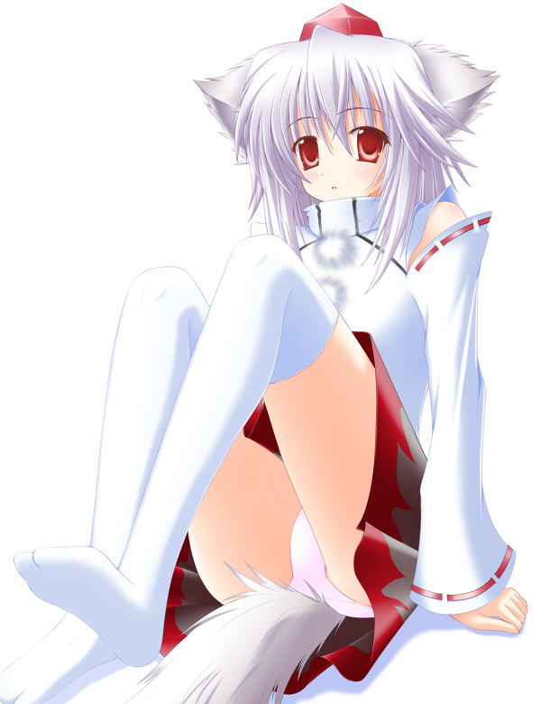 shirotsuki kouta, inubashiri momiji, touhou, silver hair, 1girl, animal ears, detached sleeves, female focus, hat, panties, pink panties, red eyes, short hair, sitting, solo, tail, thighhighs, tokin hat, underwear, wolf ears, wolf tail