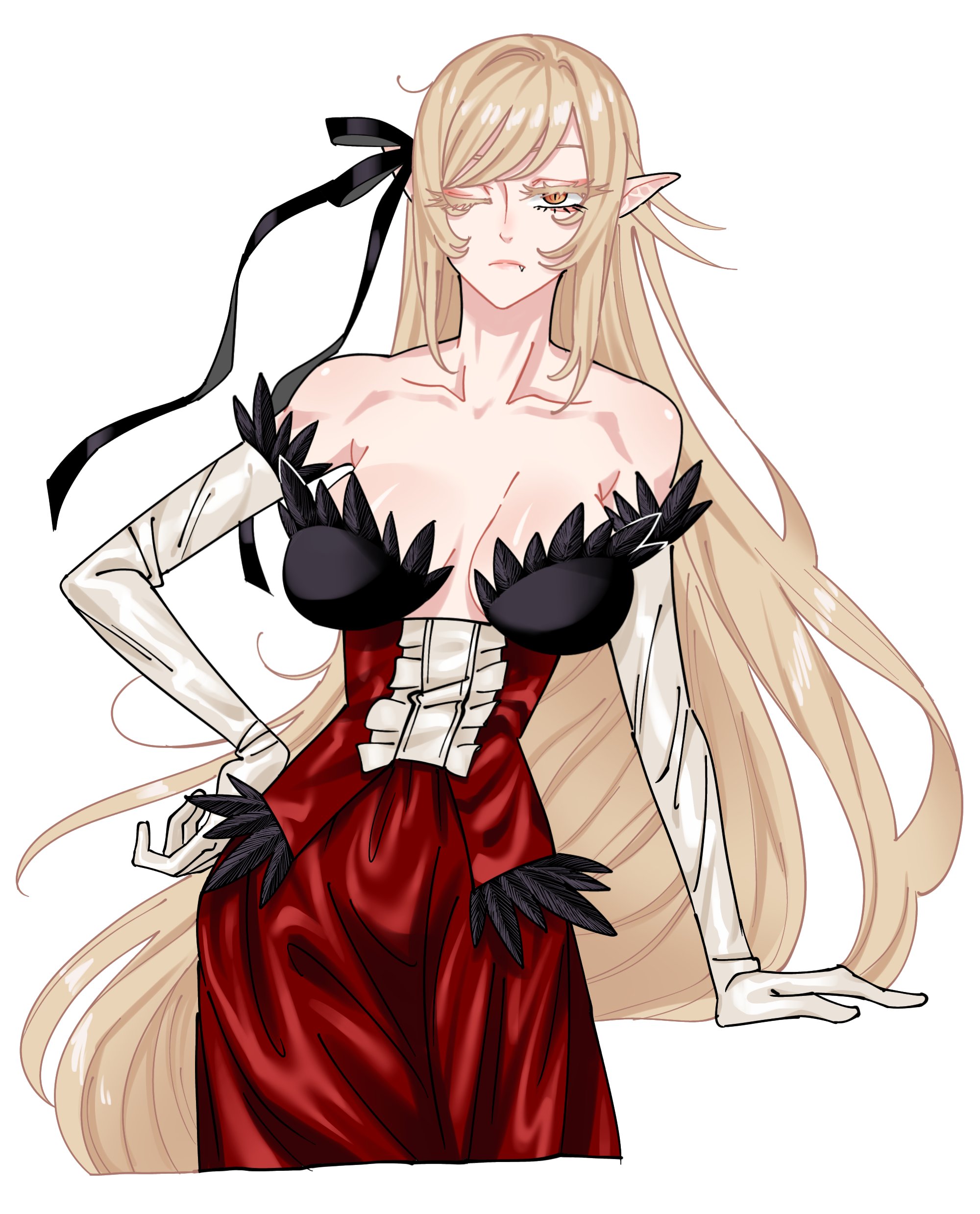 kiss-shot acerola-orion heart-under-blade, oshino shinobu, kizumonogatari, monogatari (series), absurdres, highres, 1girl, bare shoulders, black ribbon, blonde hair, breasts, cleavage, collarbone, dress, elbow gloves, feather-trimmed dress, feather-trimmed gloves, feather trim, frilled dress, frills, gloves, hair ribbon, hand on own hip, jeongyu74832782, large breasts, long hair, looking at viewer, pointy ears, red dress, ribbon, simple background, solo, strapless, strapless dress, vampire, very long hair, white background, white gloves, yellow eyes