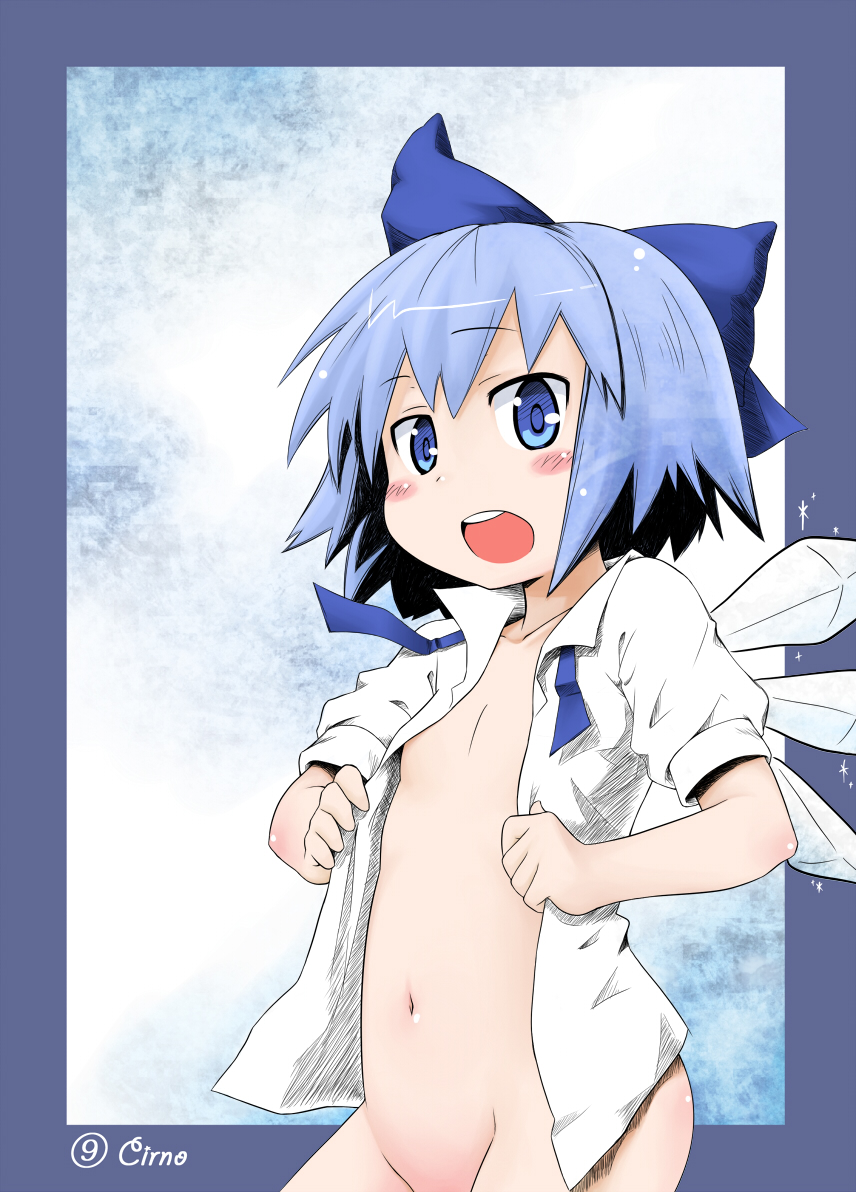 myonde, cirno, touhou, 1girl, blue eyes, blue hair, female focus, flat chest, loli, matching hair/eyes, no panties, open clothes, open shirt, shirt, solo, wings