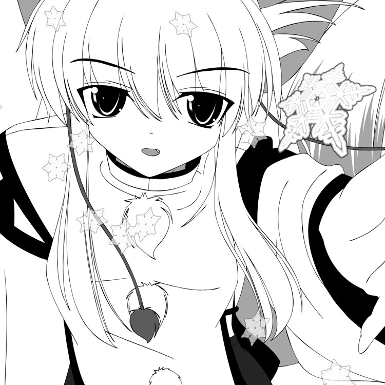inubashiri momiji, touhou, eyebrows, 1girl, :d, animal ears, breasts, female focus, greyscale, hat, long hair, long sleeves, looking at viewer, monochrome, open mouth, pom pom (clothes), sidelocks, simple background, small breasts, smile, snowflakes, solo, tassel, tokin hat, turtleneck, white background, wolf ears