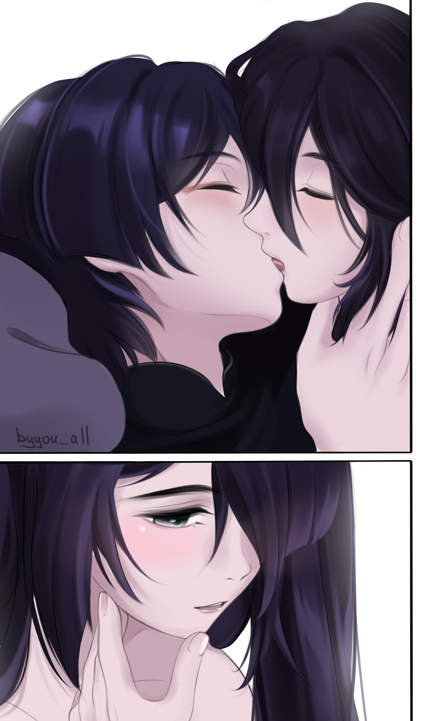 byyou all, mona (genshin impact), scaramouche (genshin impact), genshin impact, foreplay, absurdres, highres, 1boy, 1girl, aqua eyes, artist name, bare shoulders, black collar, black hair, blunt ends, blush, closed eyes, collar, collarbone, couple, eyelashes, eyeliner, eyeshadow, facing another, french kiss, hair over one eye, half-closed eyes, hand on another's chin, hand up, hetero, kiss, long hair, looking down, makeup, mandarin collar, parted lips, purple hair, red eyeliner, red eyeshadow, red lips, saliva, sidelocks, teeth, tongue, twintails, upper teeth only, white background