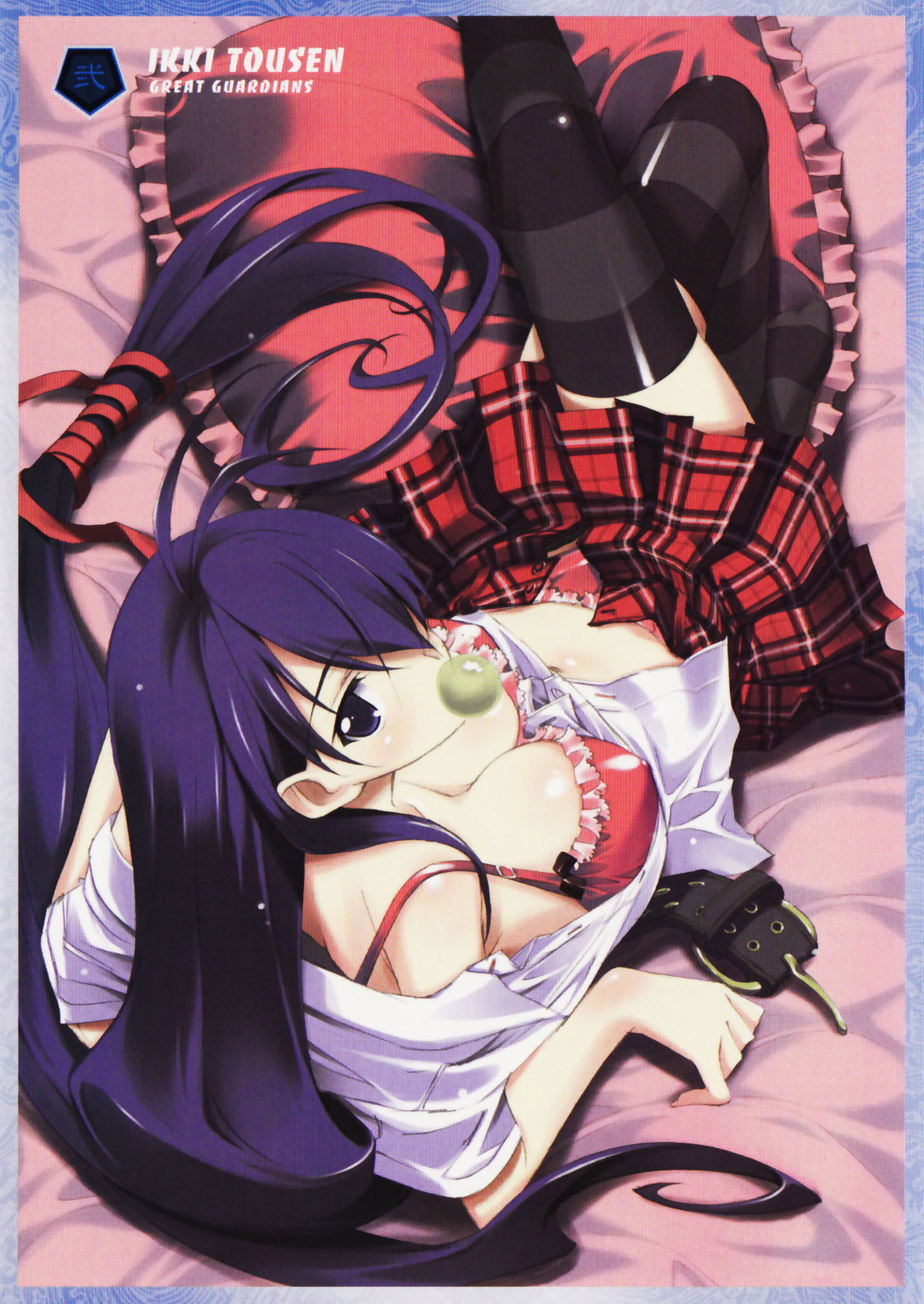 kurashima tomoyasu, kan'u unchou, ikkitousen, ikkitousen great guardians, highres, 00s, 1girl, antenna hair, bed, blue eyes, blue hair, bra, breasts, frilled pillow, frills, hair over one eye, large breasts, lingerie, long hair, looking back, lying, midriff, navel, open clothes, open shirt, panties, pantyshot, pillow, plaid clothes, plaid skirt, red panties, shirt, skirt, striped clothes, striped thighhighs, thighhighs, underwear, undressing, very long hair