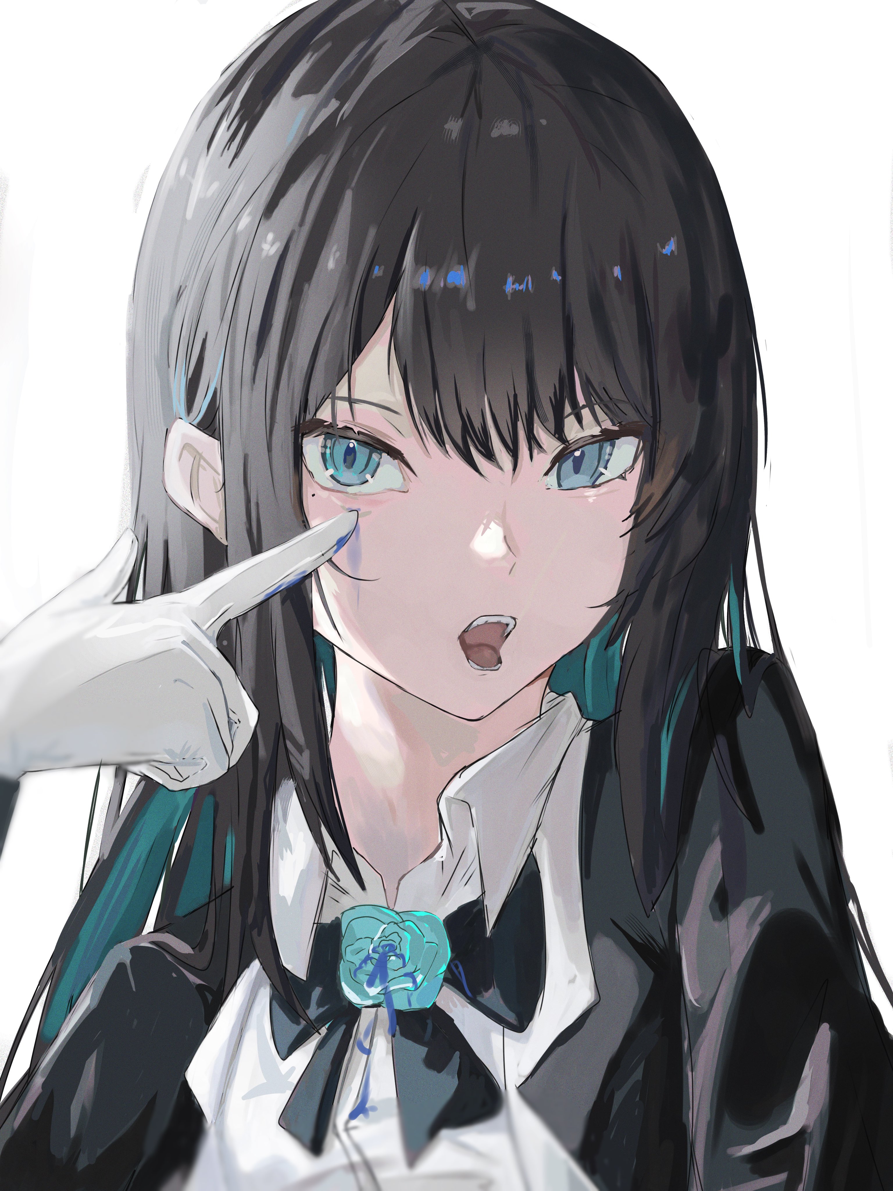 kahuna90231217, chando (ado), ado (utaite), absurdres, commentary, highres, symbol-only commentary, 1girl, black bow, black bowtie, black hair, blue eyes, blue hair, bow, bowtie, collared shirt, colored inner hair, gloves, long hair, looking at viewer, mole, mole under eye, multicolored hair, open mouth, paint on fingers, shirt, sidelocks, simple background, solo, teeth, utaite, white background, white gloves, white shirt