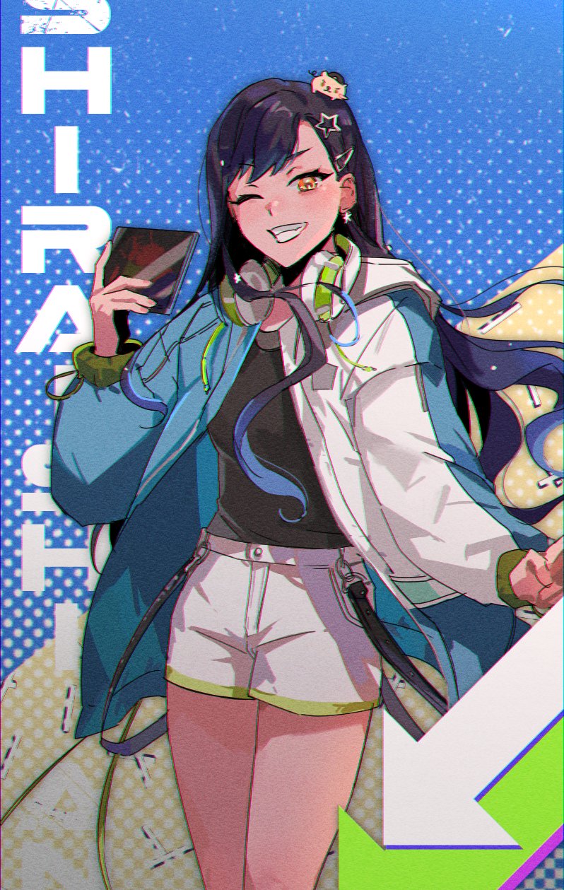 project sekai, character request, highres, 1girl, 25imfine, black hair, blue jacket, jacket, long hair, multicolored jacket, one eye closed, orange eyes, shorts, smile, solo, teeth, two-tone jacket, white jacket, white shorts