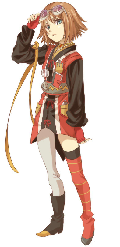 miho (mi), rita mordio, tales of (series), tales of vesperia, bad id, bad pixiv id, long image, tall image, 00s, 1girl, brown hair, female focus, gloves, goggles, green eyes, object in pocket, pantyhose, pen in pocket, pocket, ribbon, single leg pantyhose, solo, thighhighs