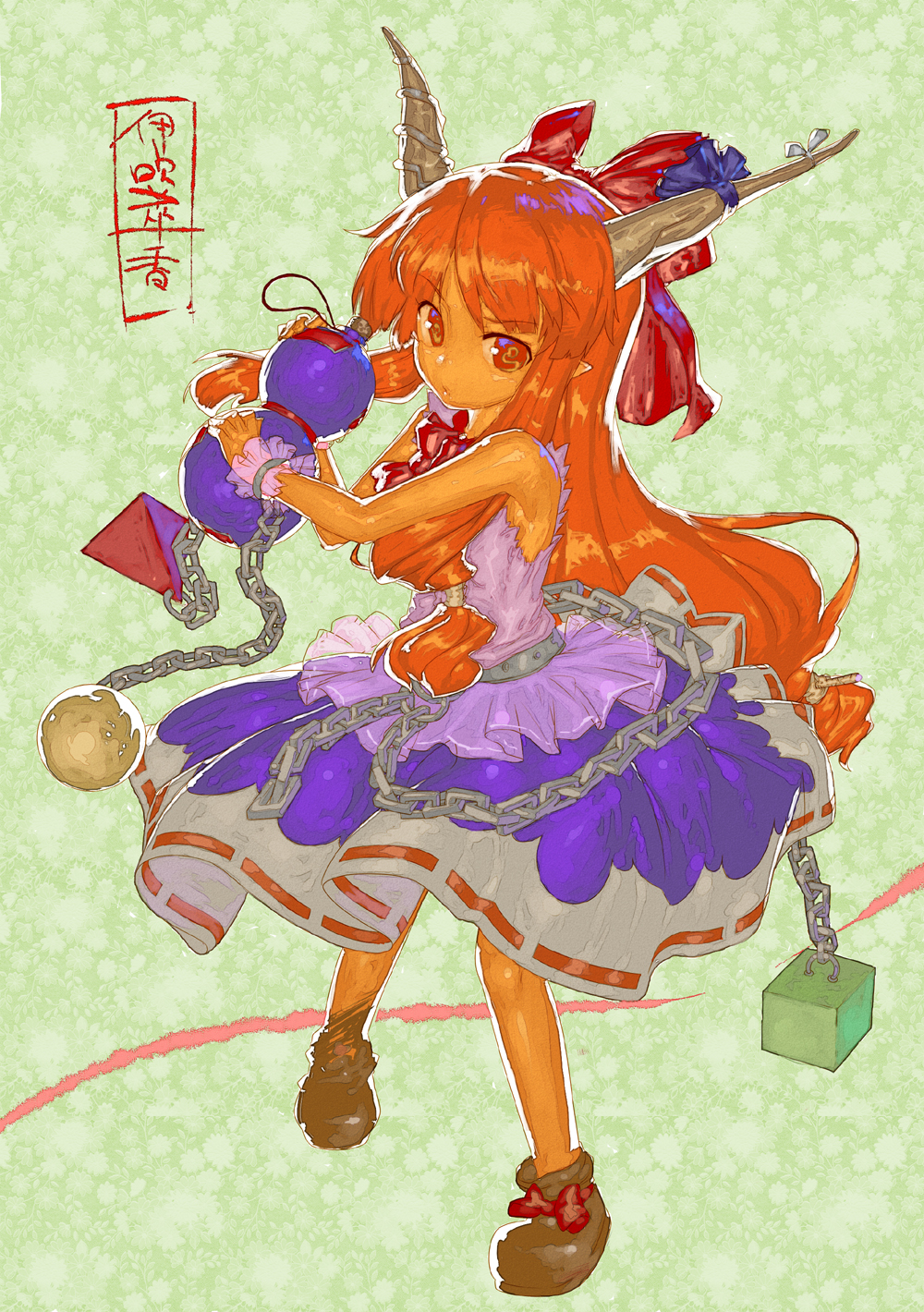 chomoran, ibuki suika, touhou, bad id, bad pixiv id, highres, 1girl, armpits, bare shoulders, blush, bottle, chain, female focus, full body, horn ornament, horns, looking at viewer, matching hair/eyes, oni, orange eyes, orange hair, shirt, sleeveless, sleeveless shirt, solo, standing
