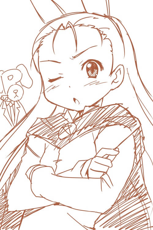 tai (pixiv6134), kugimiya rie, louise francoise le blanc de la valliere, minase iori, idolmaster, idolmaster (classic), idolmaster 1, zero no tsukaima, bad id, bad pixiv id, 1girl, brown theme, cosplay, forehead, louise francoise le blanc de la valliere (cosplay), monochrome, one eye closed, voice actor connection, wink