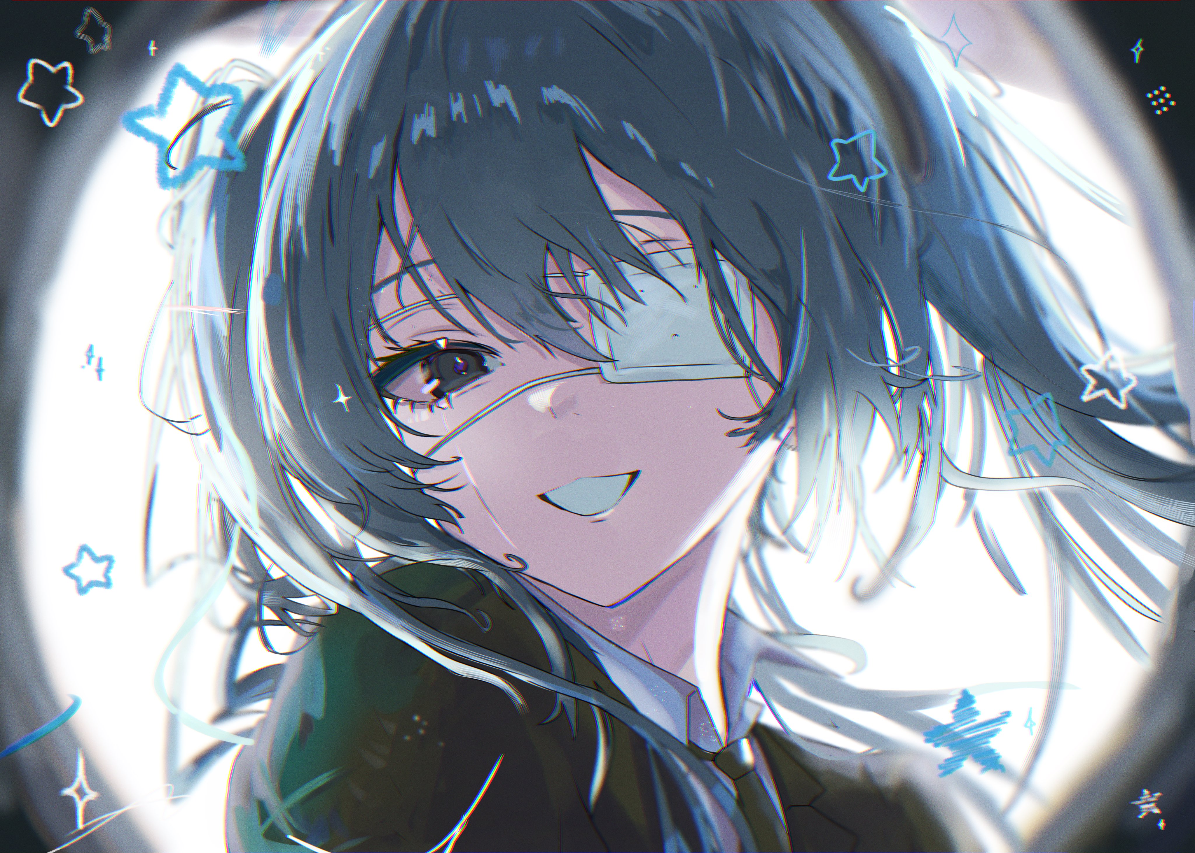 kahuna90231217, hatsune miku, monitoring (vocaloid), vocaloid, absurdres, commentary, hashtag-only commentary, highres, 1girl, black eyes, black jacket, black necktie, blue hair, eyepatch, hair between eyes, jacket, long hair, looking at viewer, necktie, open mouth, pov peephole, solo, twintails