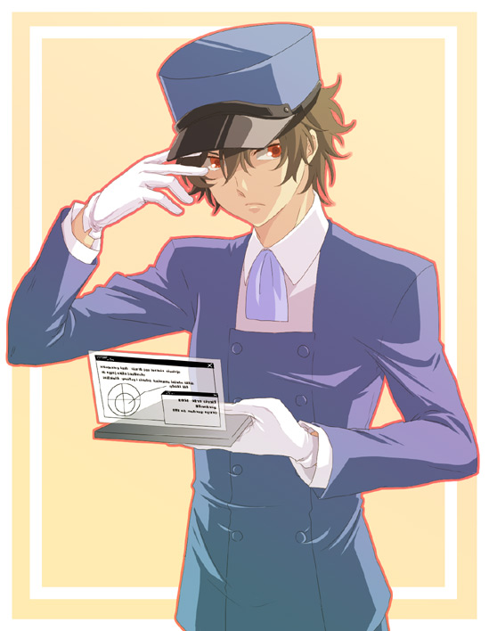 chobiichi, setsuna f. seiei, gundam, gundam 00, 00s, 1boy, brown hair, disguise, gloves, hat, male focus, peaked cap, red eyes, short hair, solo, white gloves