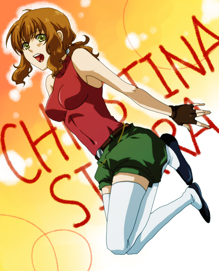 chobiichi, christina sierra, gundam, gundam 00, 00s, belt, brown hair, fingerless gloves, gloves, green eyes, ponytail, shorts, solo, thighhighs