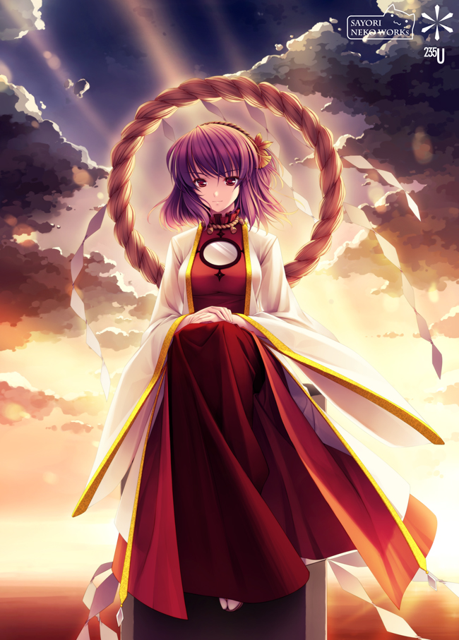 sayori (neko works), yasaka kanako, touhou, bad id, bad pixiv id, 1girl, cloud, female focus, purple hair, red eyes, rope, shimenawa, short hair, sitting, sky, solo, sunset