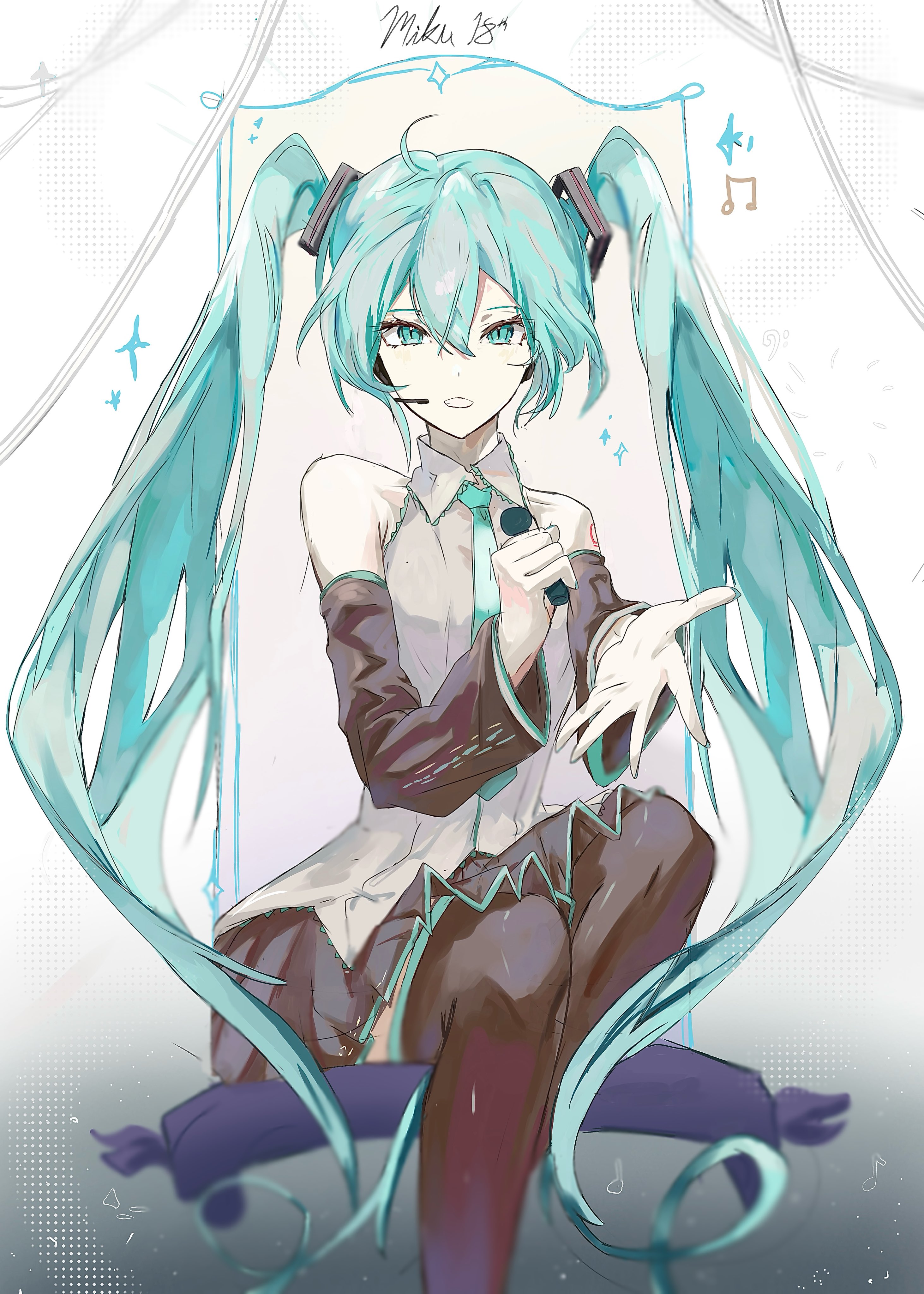 kahuna90231217, hatsune miku, vocaloid, absurdres, commentary, highres, 1girl, aqua hair, aqua necktie, black skirt, black thighhighs, detached sleeves, grey shirt, hair between eyes, holding, holding microphone, long hair, long sleeves, looking at viewer, microphone, necktie, open mouth, pleated skirt, shirt, sitting, skirt, sleeveless, sleeveless shirt, solo, thighhighs, twintails, very long hair