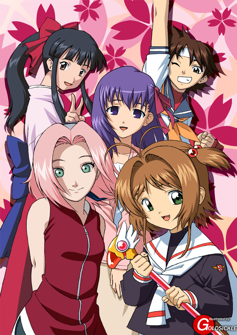 daikinbakuju, haruno sakura, kasugano sakura, kinomoto sakura, matou sakura, shinguuji sakura, capcom, cardcaptor sakura, fate/stay night, fate (series), naruto (classic), naruto (series), sakura taisen, street fighter, 00s, 1990s (style), 5girls, age comparison, age difference, artist name, bandana, black hair, black serafuku, blue sailor collar, bow, breasts, brown hair, cherry blossoms, crossover, female focus, fuuin no tsue, green eyes, hair bobbles, hair ornament, headband, long hair, magical girl, multiple crossover, multiple girls, name connection, object namesake, older female and younger female, one eye closed, pink hair, ponytail, purple hair, red bow, retro artstyle, sailor collar, school uniform, serafuku, short hair, smile, tomoeda middle school uniform, v, watermark, wink