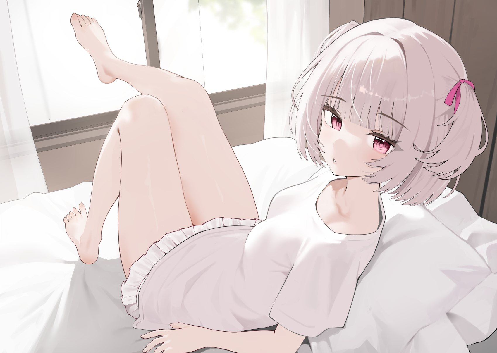 kagemoe1003, original, commission, highres, 1girl, barefoot, breasts, collarbone, curtains, day, hair ribbon, indoors, knees up, looking at viewer, lying, medium hair, on back, on bed, open mouth, pillow, pink eyes, pink ribbon, ribbon, shirt, short sleeves, short twintails, skirt, small breasts, solo, t-shirt, twintails, white hair, white shirt, white skirt, window