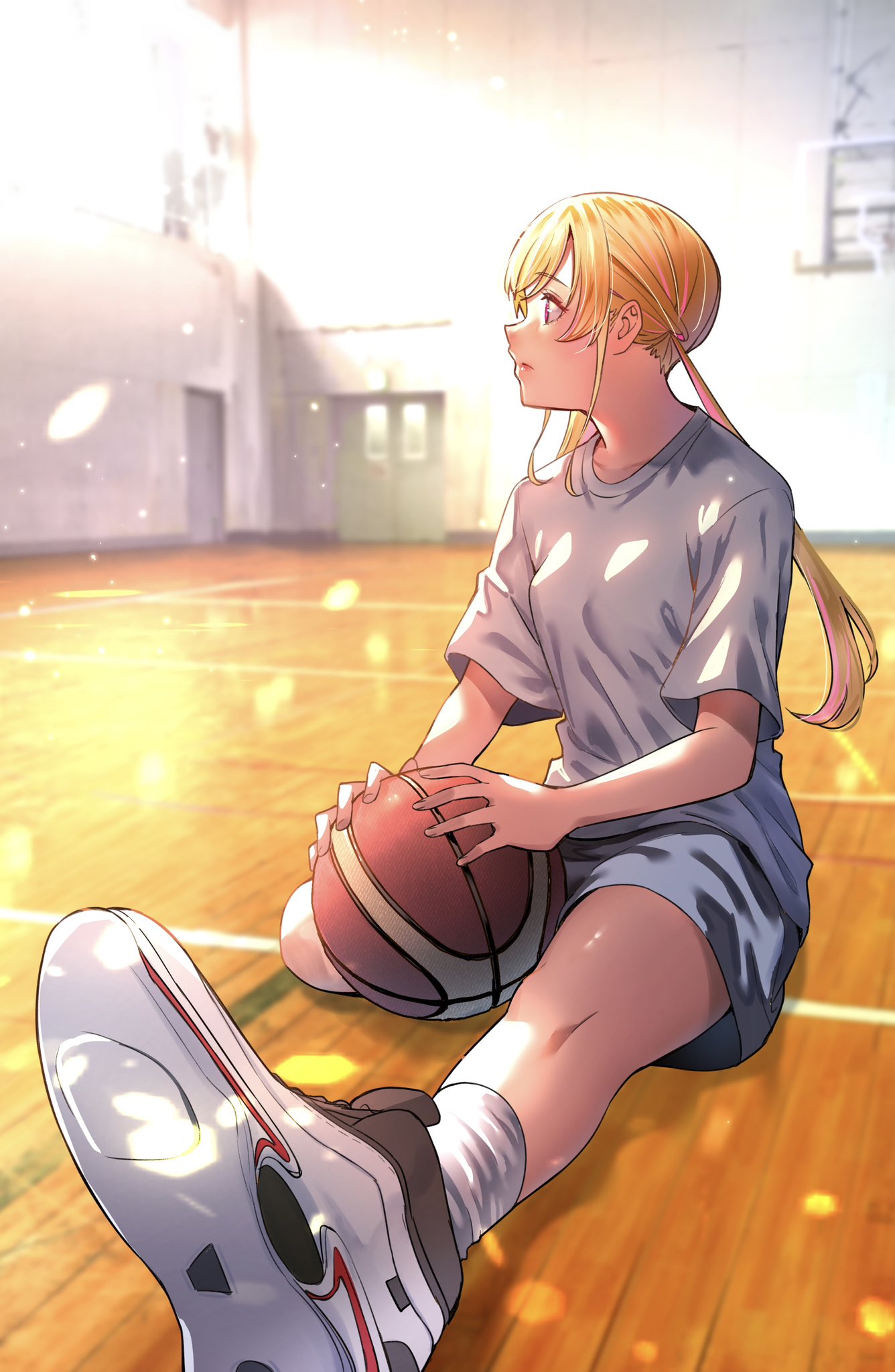 shinjou takuya, kusunoki aroma, sawaranaide kotesashi-kun, highres, 1girl, basketball uniform, blonde hair, long hair, looking to the side, pink eyes, shirt, shoes, shorts, sitting, sneakers, solo, sportswear, twintails, white shirt