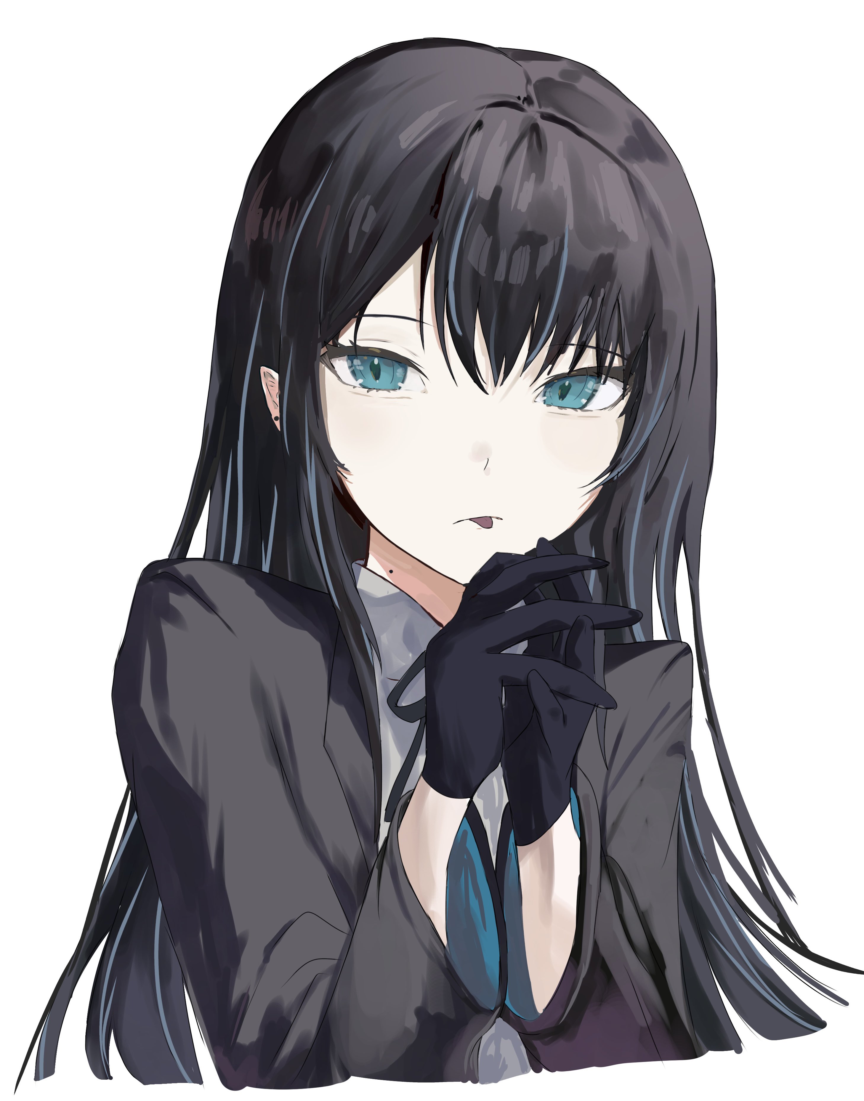 kahuna90231217, original, absurdres, commentary, hashtag-only commentary, highres, 1girl, black gloves, black hair, black jacket, black ribbon, blue eyes, blue hair, ear piercing, earrings, gloves, interlocked fingers, jacket, jewelry, long hair, looking at viewer, mole, mole on neck, multicolored hair, neck ribbon, own hands together, piercing, ribbon, simple background, solo, streaked hair, tongue, tongue out, white background