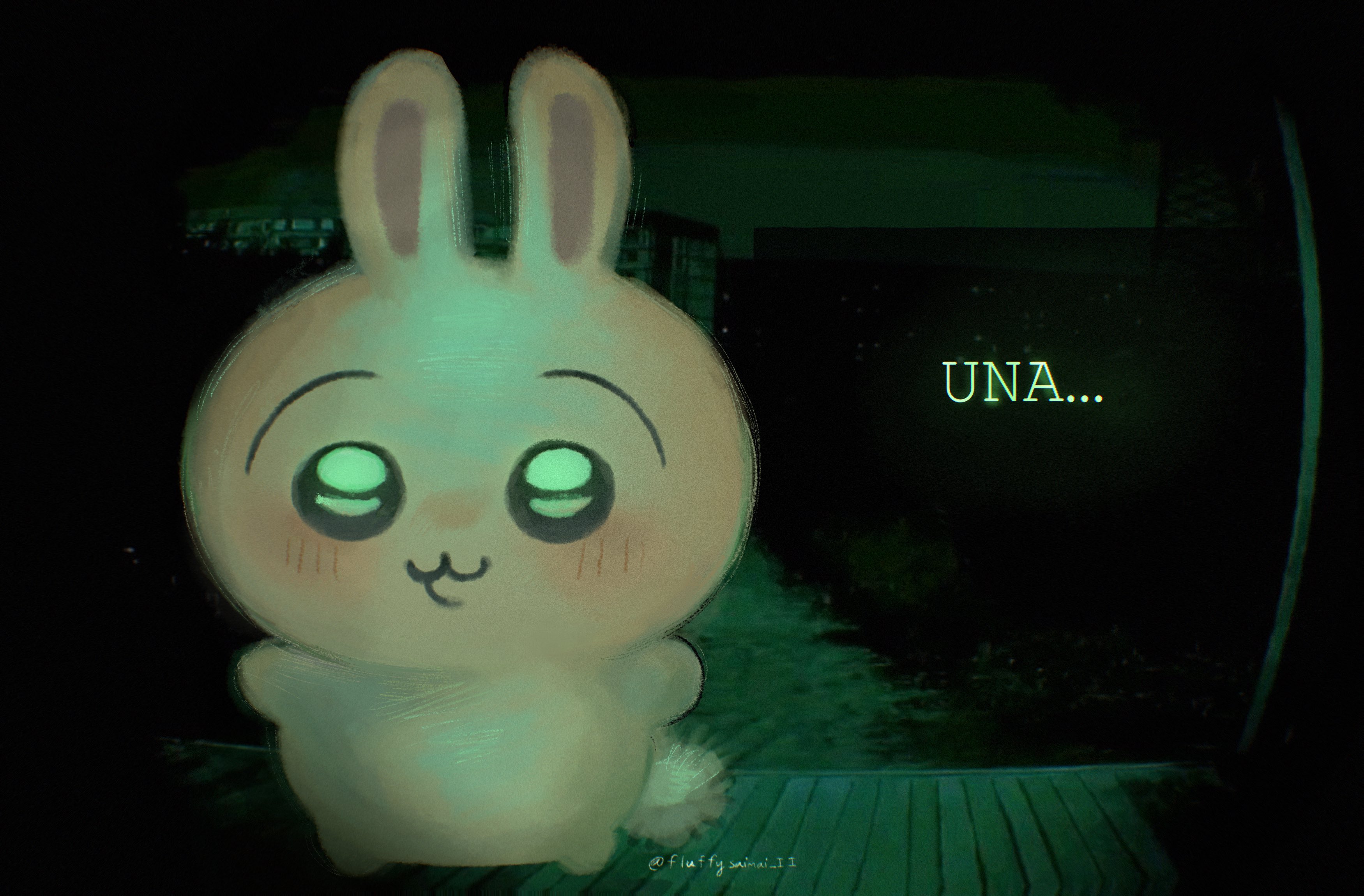 usagi (chiikawa), chiikawa, no i'm not a human, absurdres, highres, 1other, :3, chibikemo, creature, english text, fluffysaimai ii, game screenshot background, green theme, night vision, parody, porch, pov peephole, rabbit, screenshot background, very big eyes