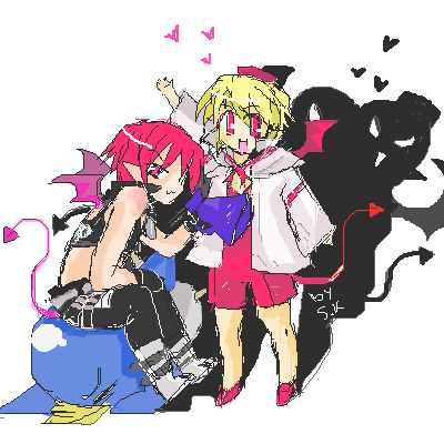 etna (disgaea), flonne, prinny, disgaea, makai senki disgaea, makai senki disgaea 2, makai senki disgaea 3, nippon ichi, gender request, lowres, 00s, 2boys, boots, genderswap, multiple boys, tail, wings
