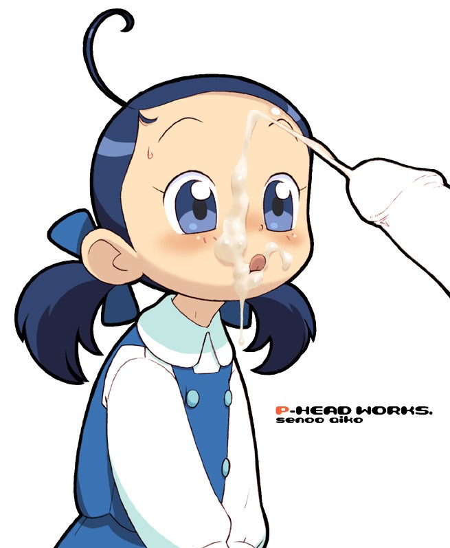 ishikawa hideki, senoo aiko, ojamajo doremi, ahoge, blue eyes, blue hair, cum, cum on body, facial, loli, penis, short hair, twintails, uncensored