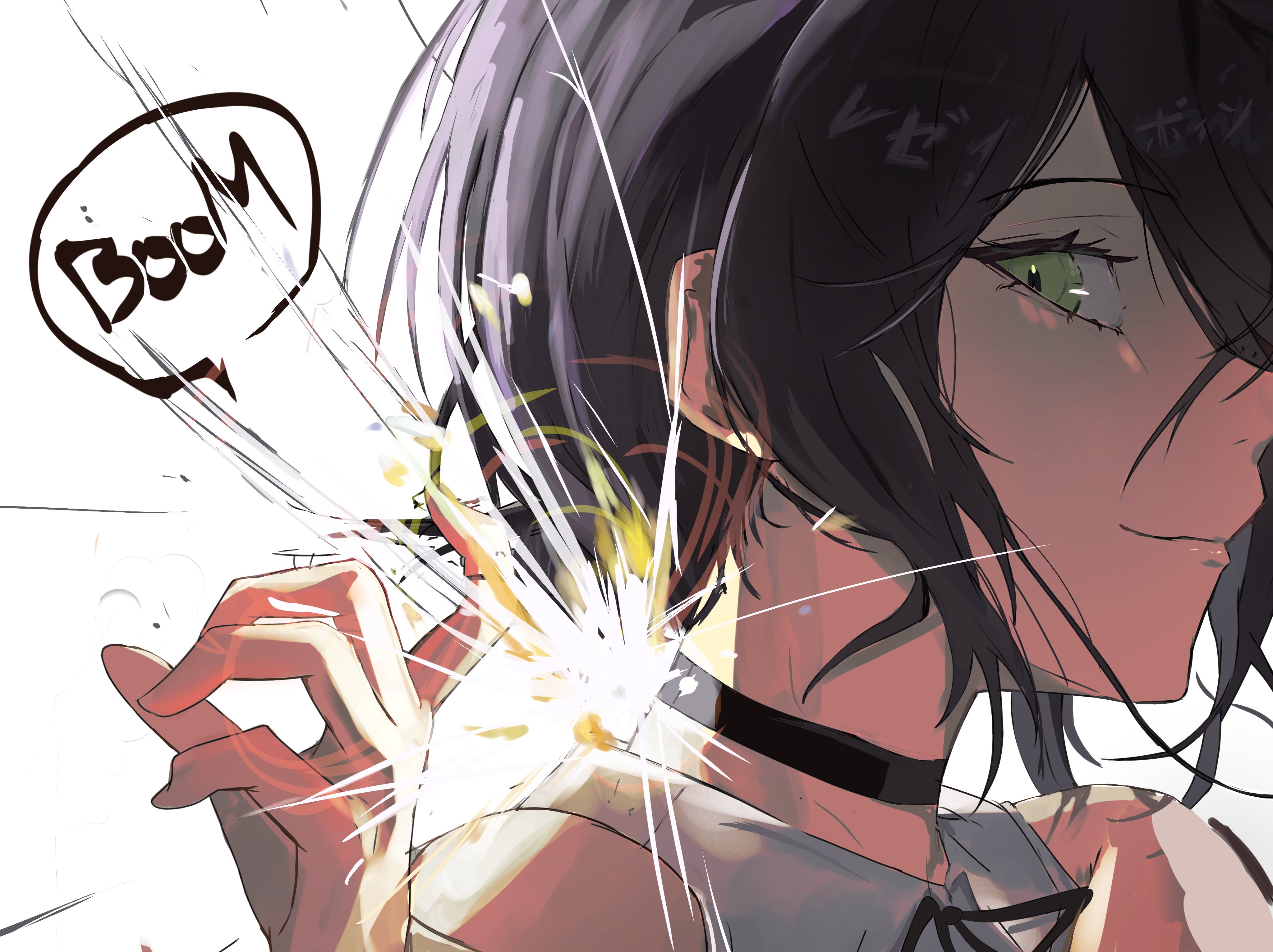 kahuna90231217, reze (chainsaw man), chainsaw man, absurdres, commentary request, highres, 1girl, black choker, black hair, choker, closed mouth, green eyes, shirt, short hair, simple background, solo, sparks, white background, white shirt