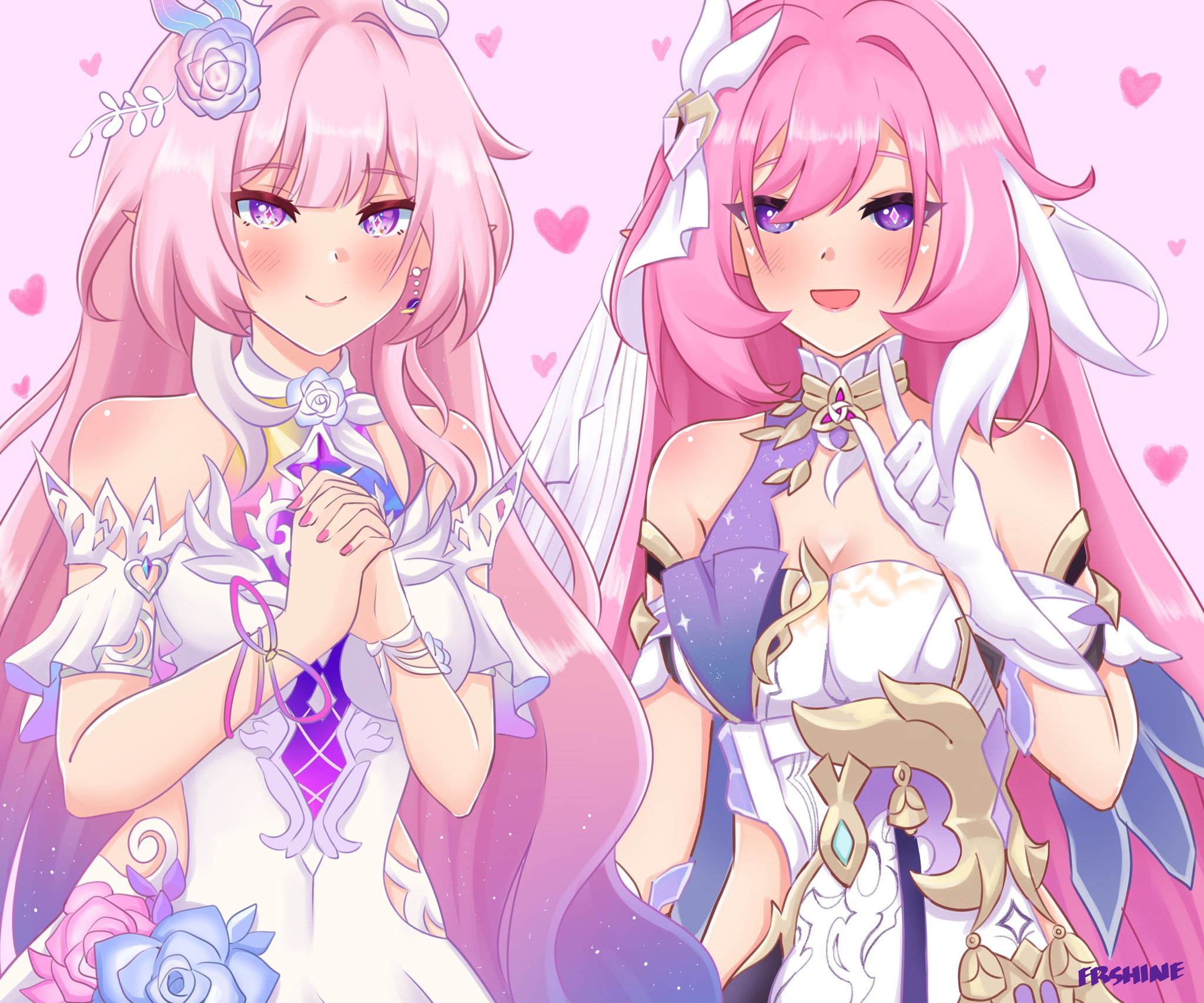 herrscherofart, cyrene (honkai: star rail), cyrene (ripples of past reverie) (honkai: star rail), elysia (herrscher of human: ego) (honkai impact), elysia (honkai impact), inoue marina, honkai: star rail, honkai (series), honkai impact 3rd, commentary, english commentary, highres, 2girls, bare shoulders, breasts, cleavage, company connection, corset, diamond-shaped pupils, diamond (shape), dress, earrings, elf, gloves, jewelry, large breasts, long hair, multicolored hair, multiple girls, pink background, pink hair, pointy ears, purple eyes, smile, symbol-shaped pupils, two-tone hair, veil, very long hair, voice actor connection, white corset, white dress, white gloves, white hair, white veil, yanning